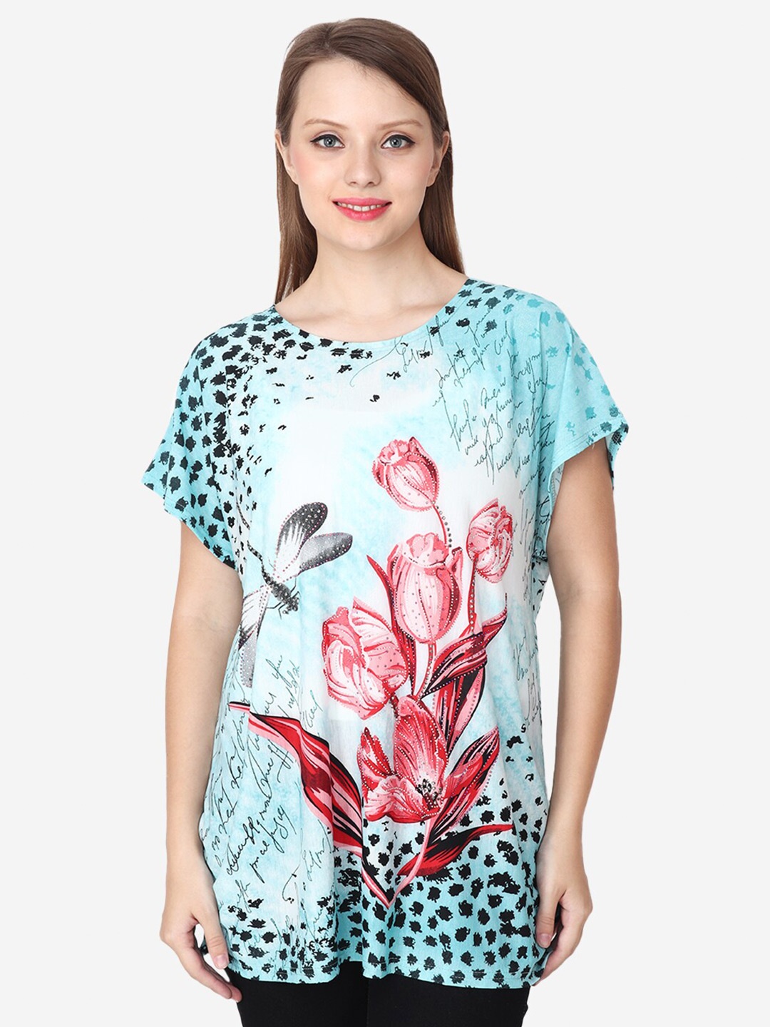 

Steele Floral Printed Extended Sleeve Embellished Pure Cotton Regular Top, Blue