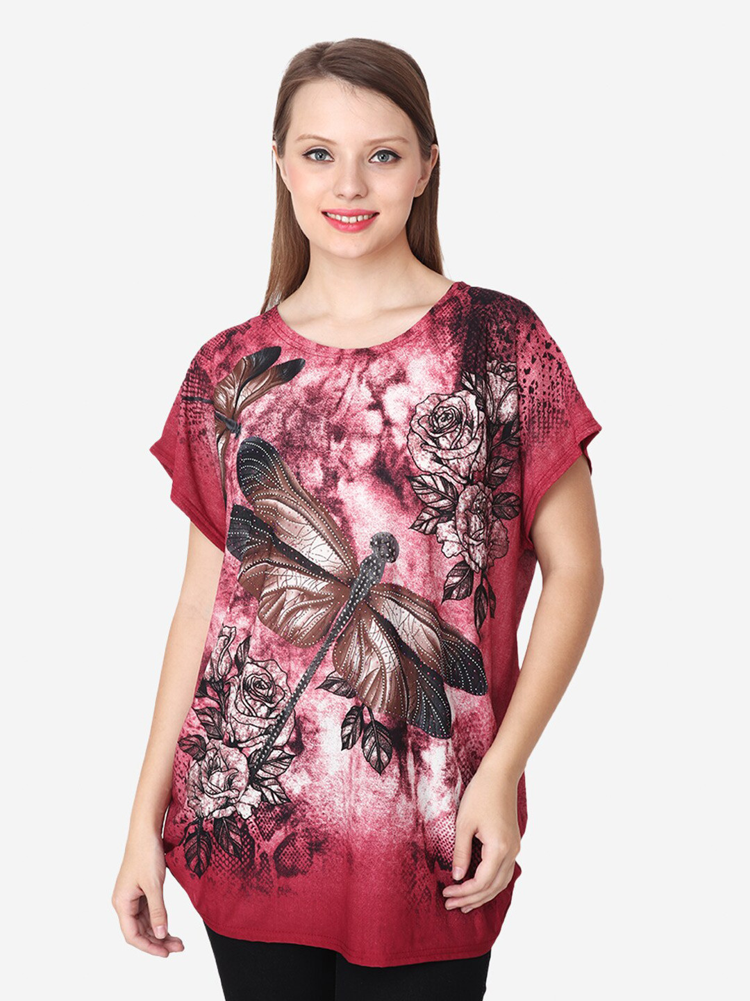 

Steele Abstract Printed Round Neck Flutter Sleeve Regular Top, Maroon