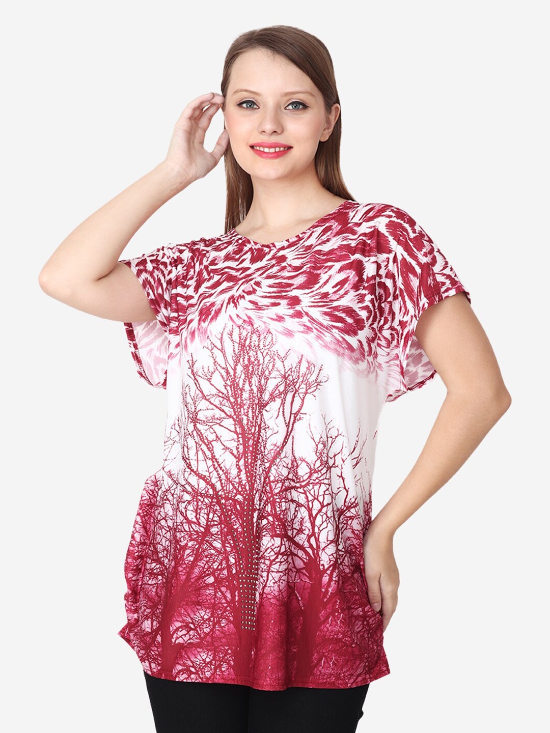 

Steele Abstract Printed Round Neck Flutter Sleeve Regular Top, Maroon