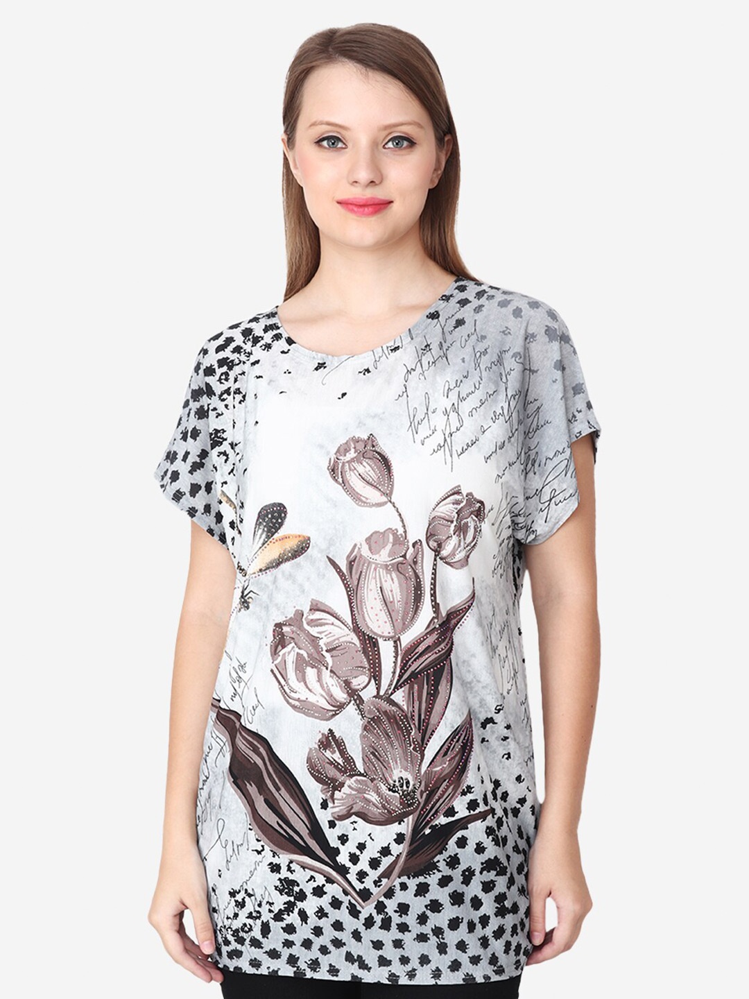 

Steele Floral Printed Round Neck Flutter Sleeve Top, Black