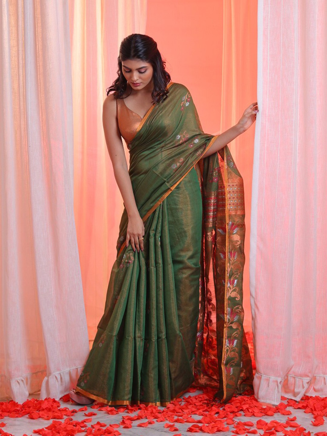 

Charukriti Floral Woven Design Zari Tissue Saree, Green