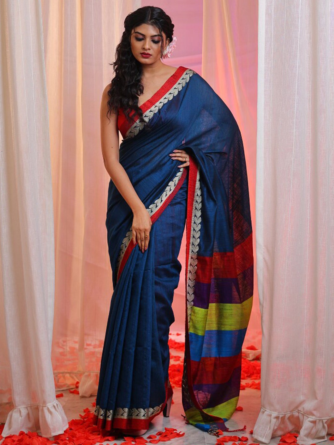

Charukriti Ethnic Motifs Woven Design Border Tasseled Saree, Blue