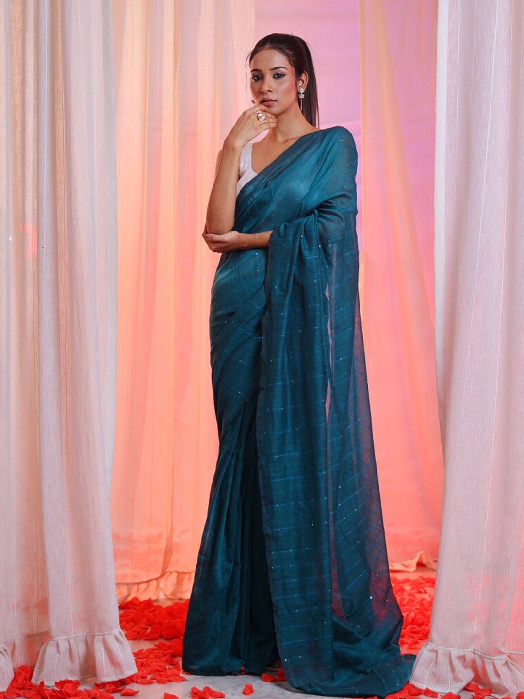 

Charukriti Embellished Pure Cotton Saree, Teal