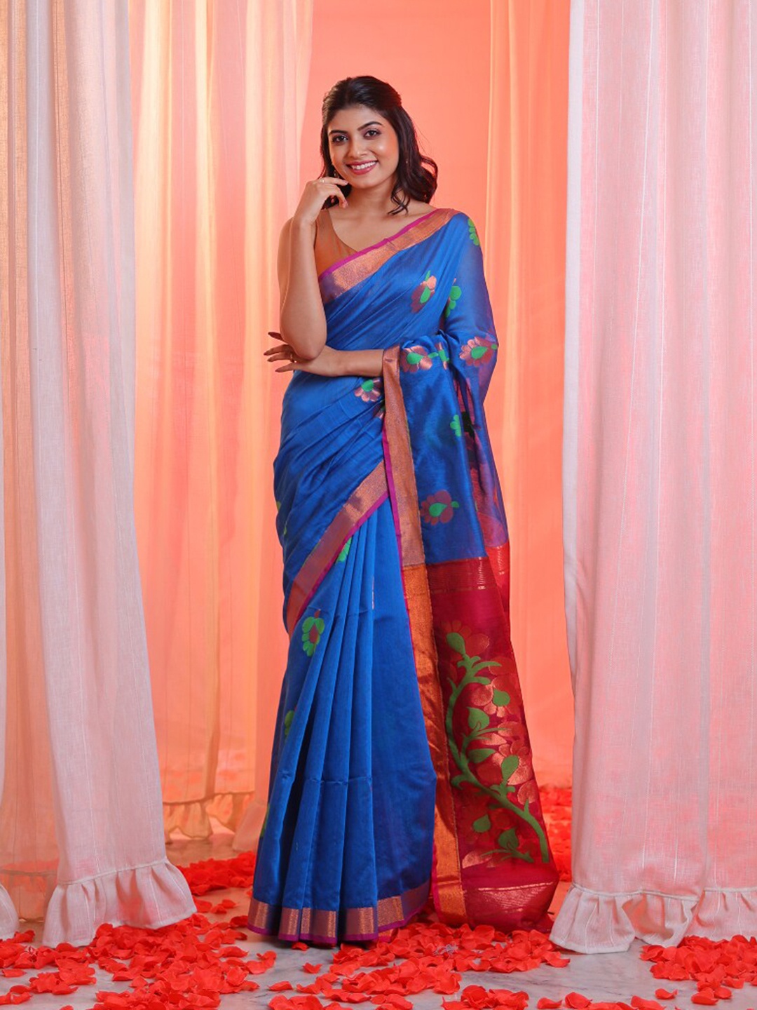 

Charukriti Floral Woven Design Zari Saree, Blue