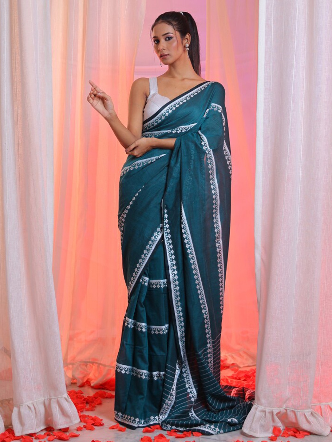 

Charukriti Striped Zari Pure Cotton Saree, Teal