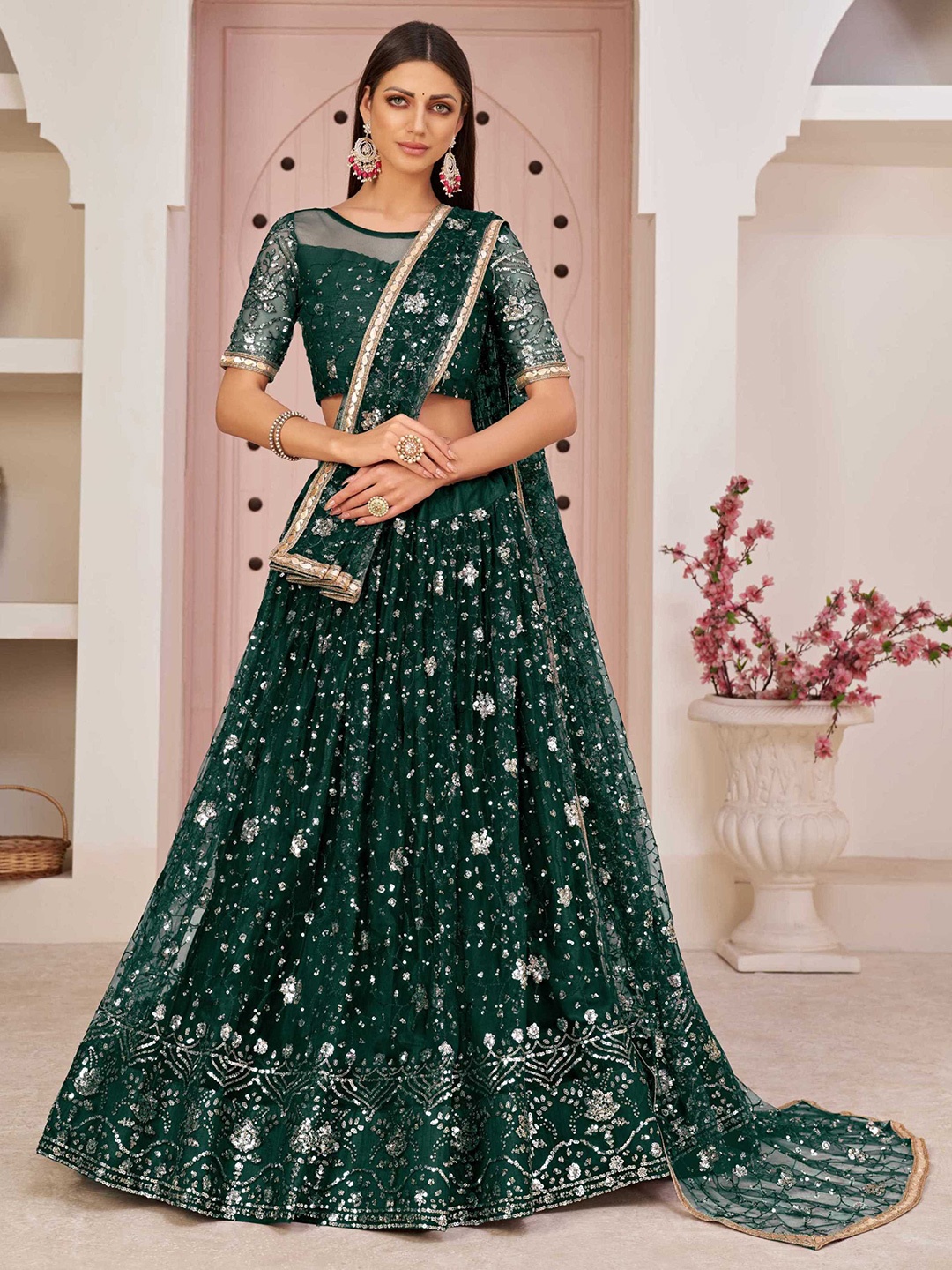

Panzora Embroidered Sequinned Semi-Stitched Lehenga & Blouse With Dupatta, Green