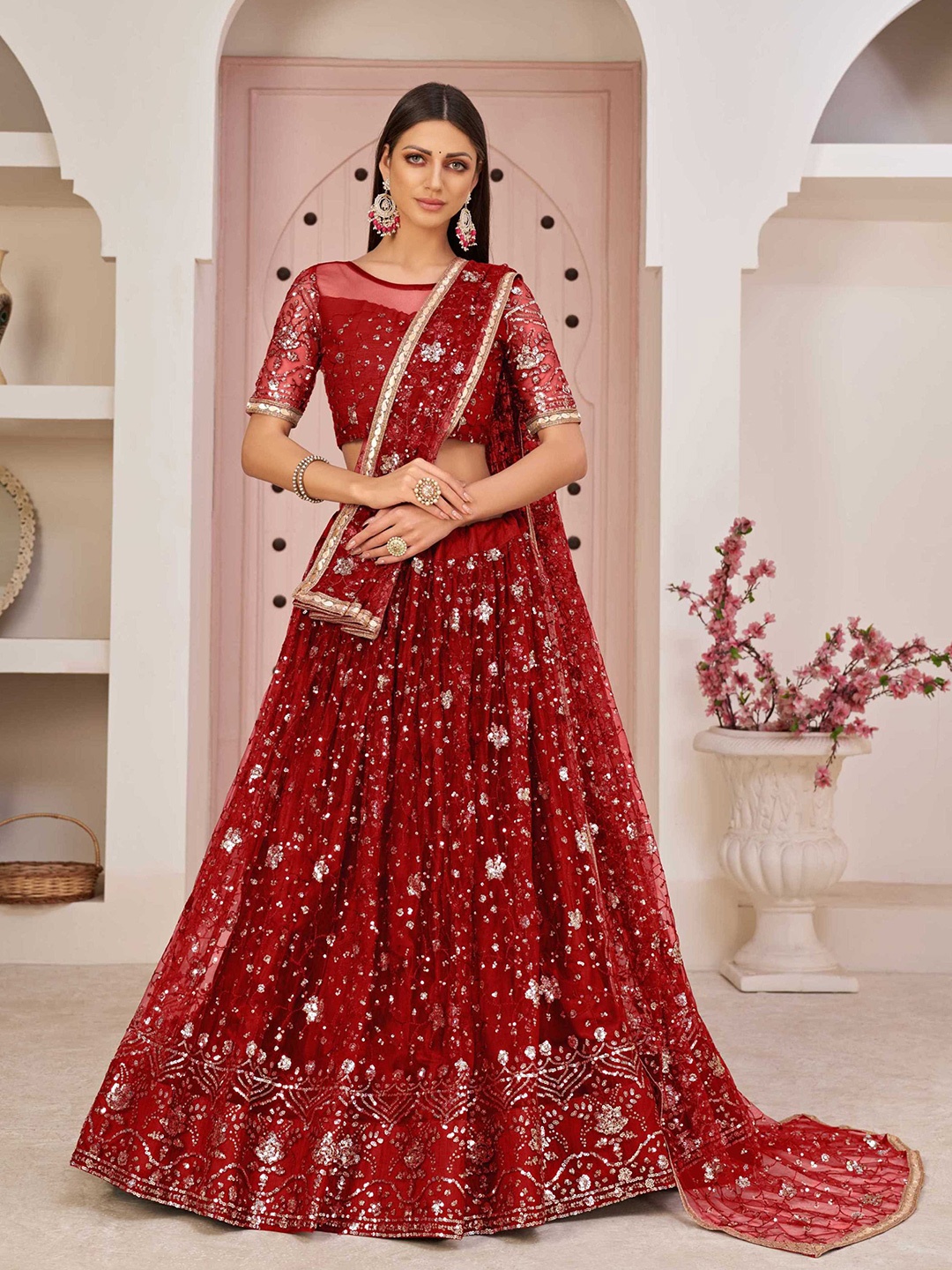 

Panzora Red & Gold-Toned Embroidered Sequinned Semi-Stitched Lehenga & Blouse With Dupatta