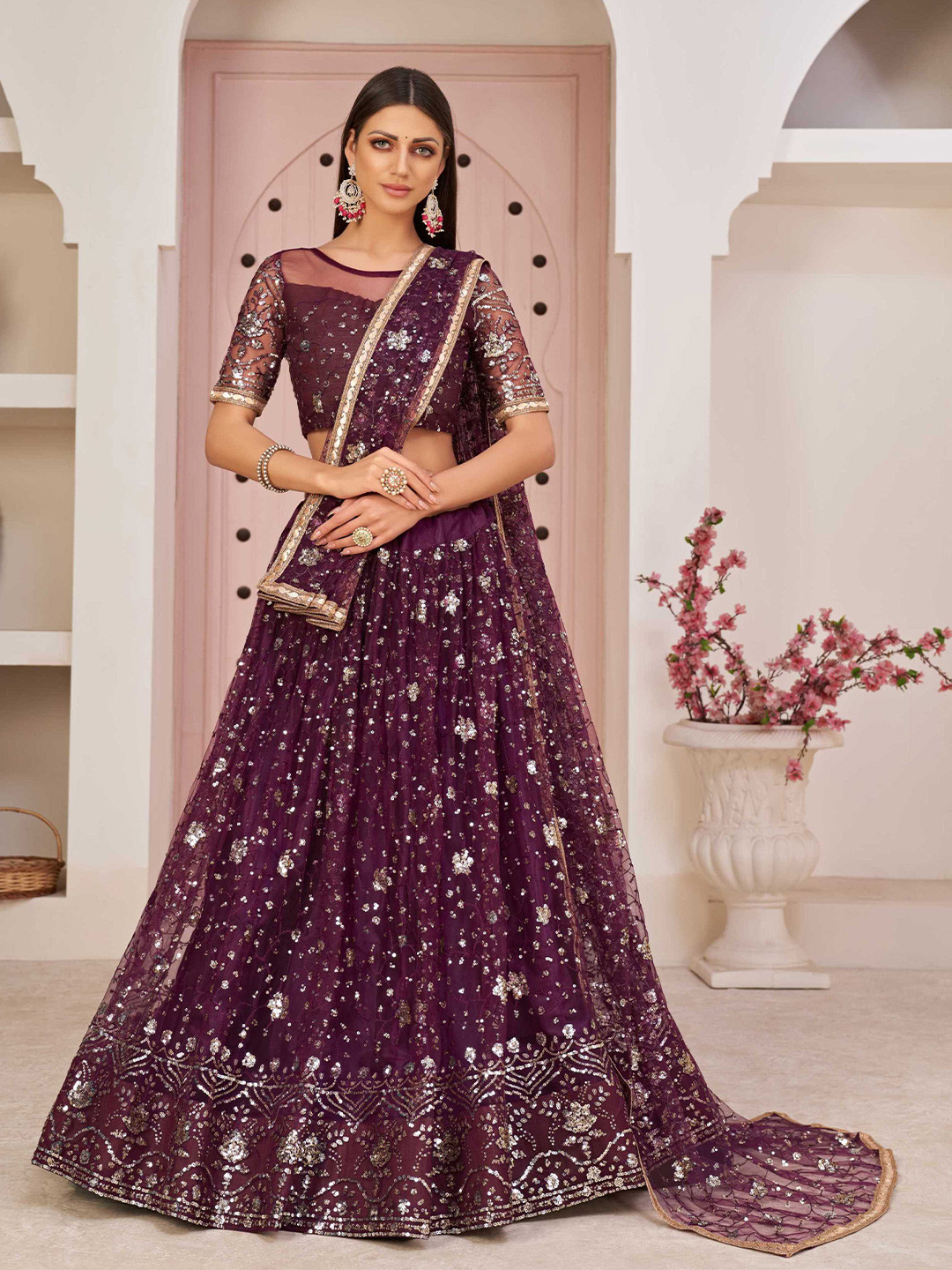 

Panzora Embroidered Sequinned Semi-Stitched Lehenga & Blouse With Dupatta, Purple