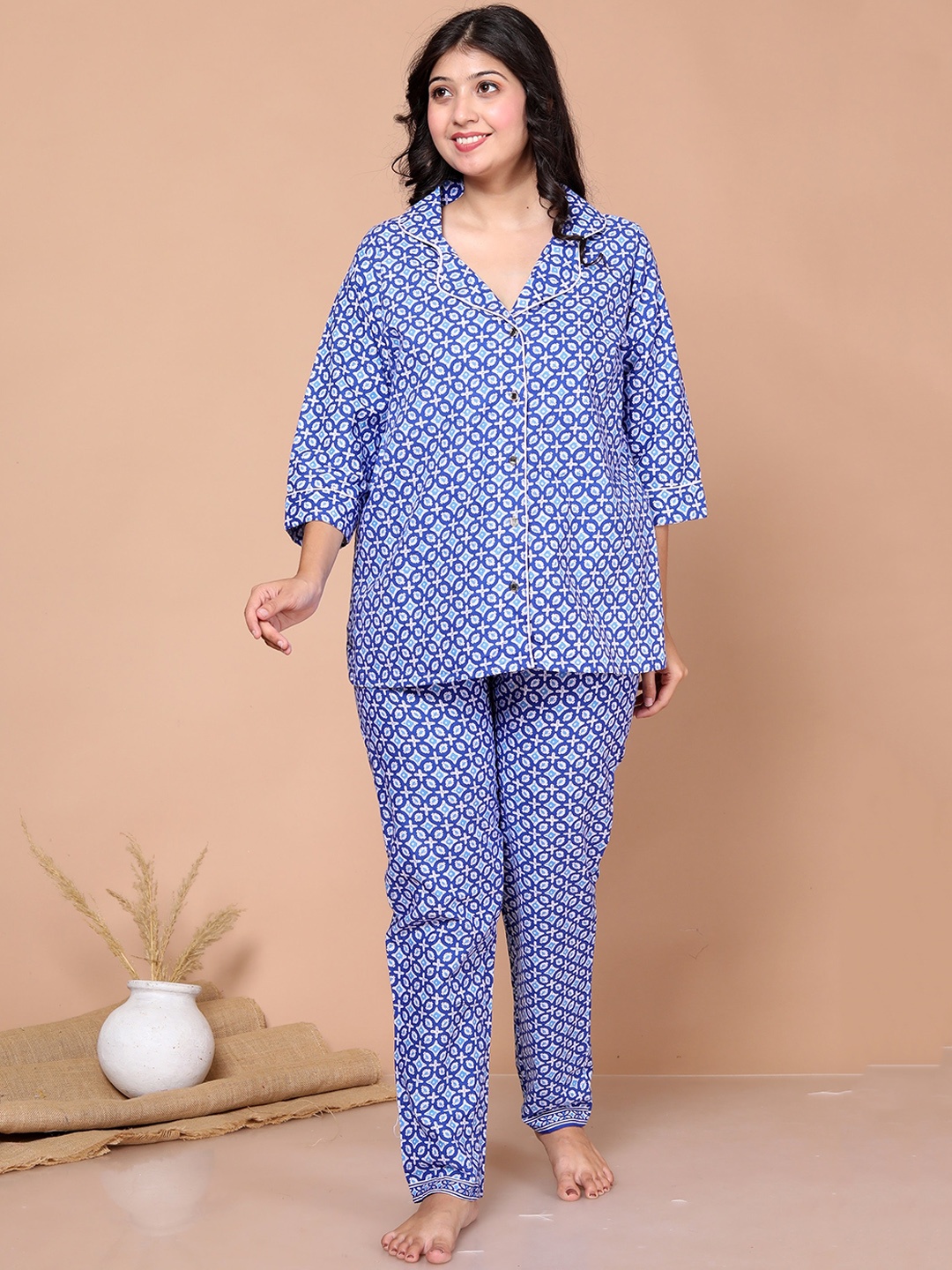 

SP DESIGNS Ethnic Motifs Printed Lapel Collar Pure Cotton Night suit, Blue