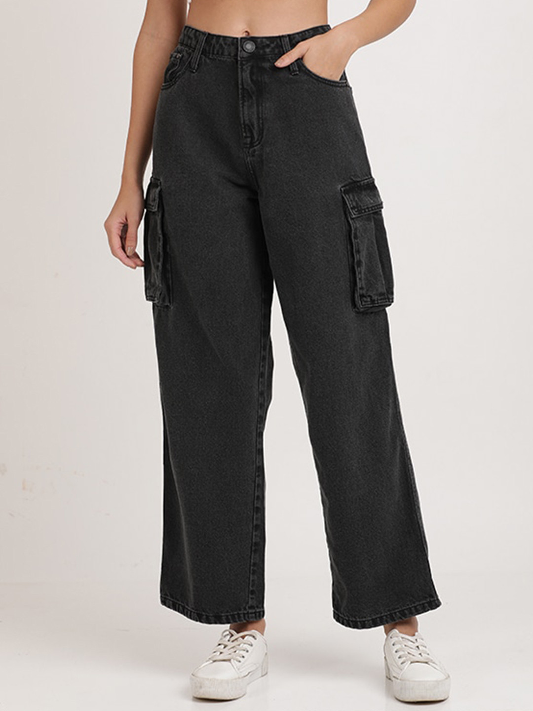 

Bene Kleed Women Relaxed Fit High-Rise Clean Look Pure Cotton Cargo Jeans, Charcoal