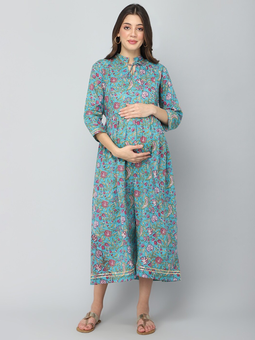

House Of Zelena Floral Printed Maternity Fit & Flare Midi Dress, Blue
