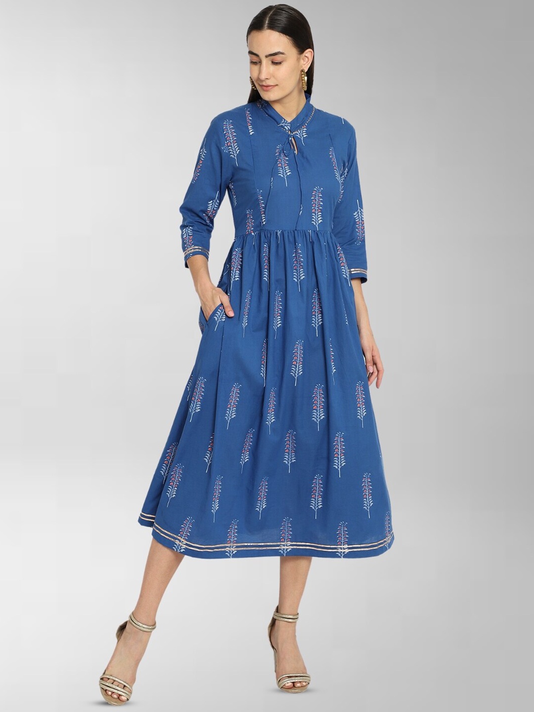 

House Of Zelena Floral Printed Cotton Maternity Fit & Flare Midi Dress, Blue