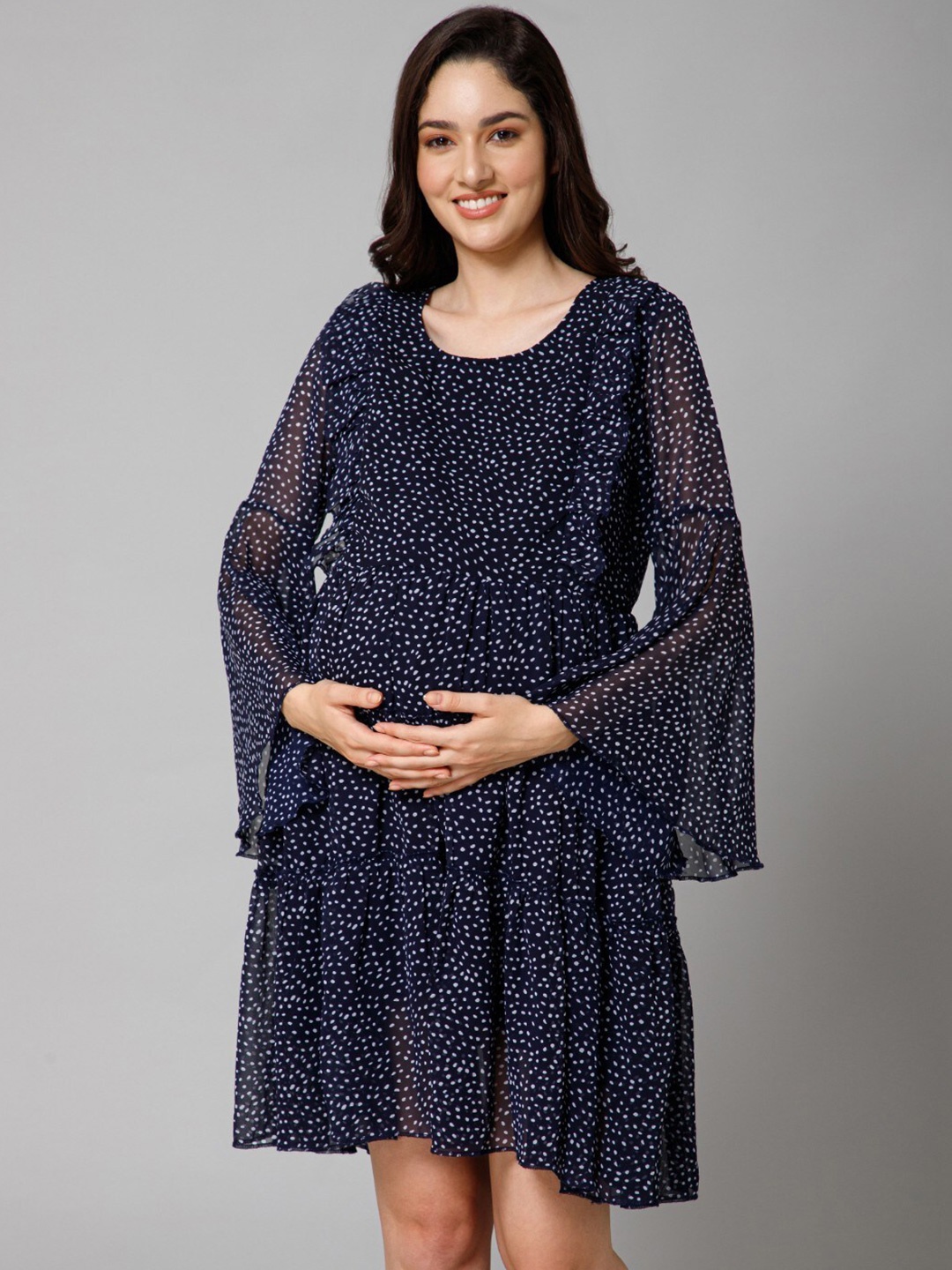 

House Of Zelena Geometric Printed Bell Sleeves Maternity Fit & Flare Dress, Blue
