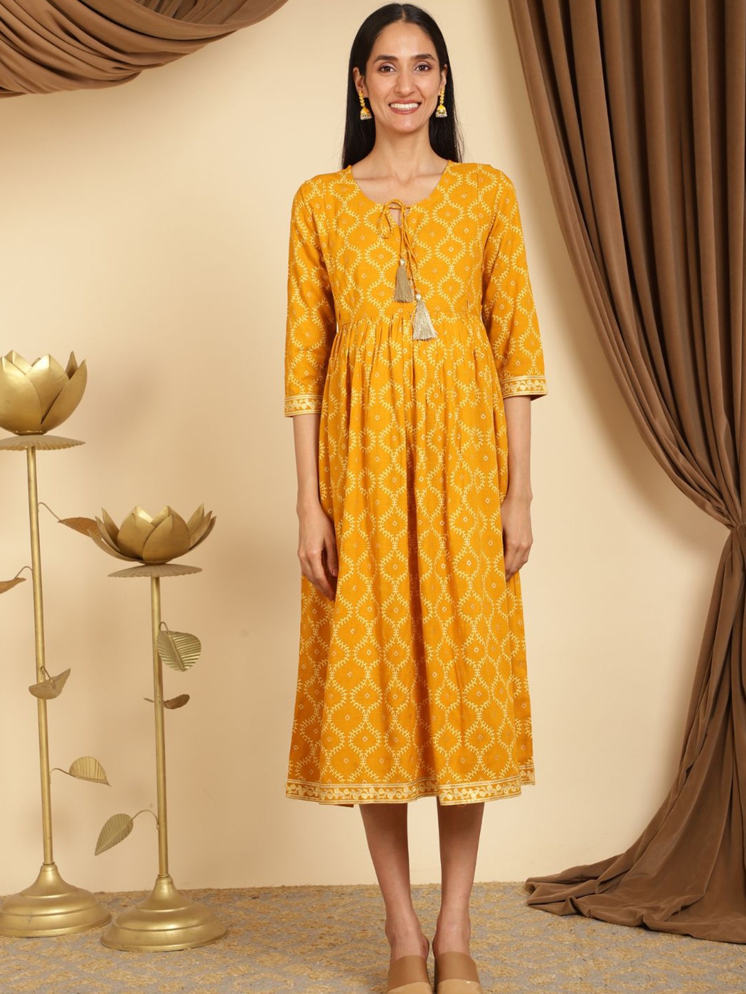 

House Of Zelena Ethnic Motifs Printed Maternity Fit & Flare Midi Ethnic Dress, Yellow