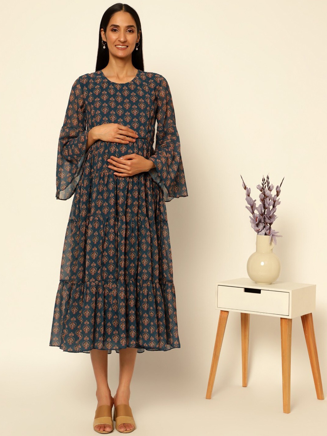 

House Of Zelena Ethnic Motifs Printed Gathered Detailed Maternity Fit & Flare Midi Dress, Green