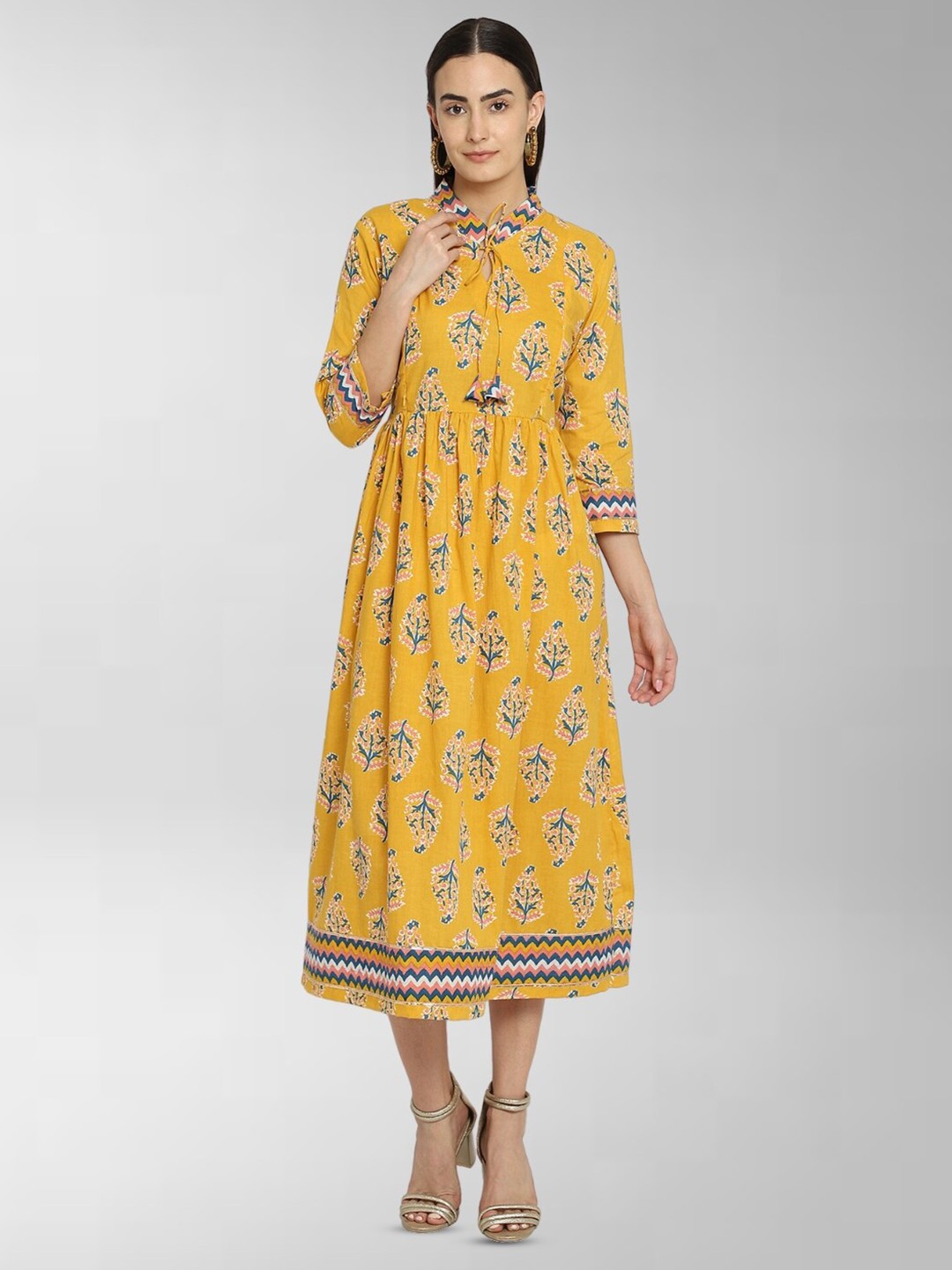 

House Of Zelena Printed Gathered Cotton Fit & Flare Midi Maternity Ethnic Dress, Yellow