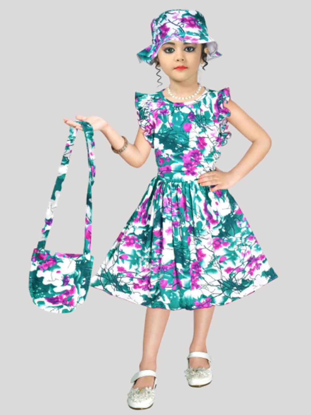 

BAESD Girls Floral Printed Flutter Sleeves Cotton Fit & Flare Dress With Cap & Slingbag, White