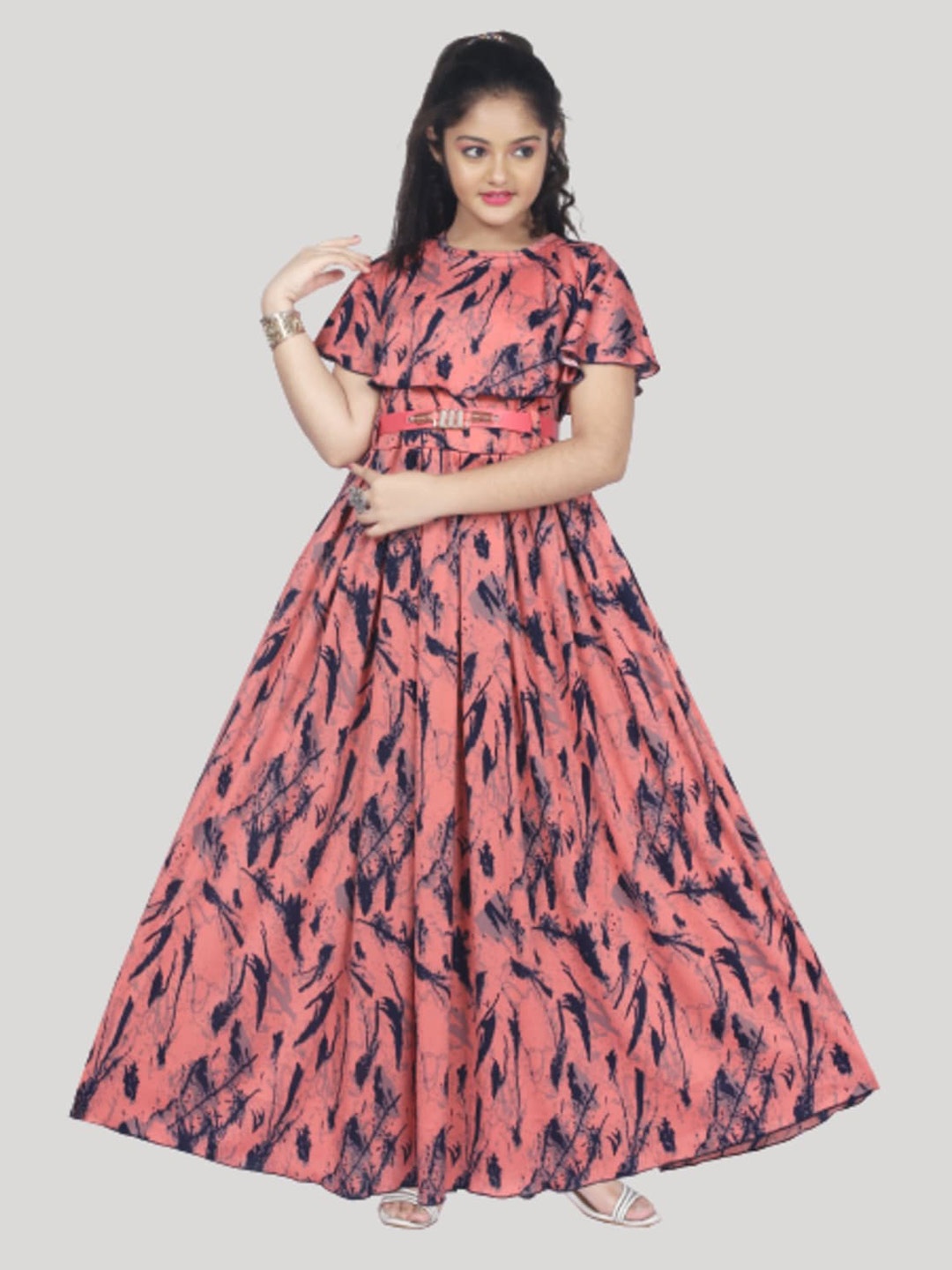 

BAESD Girls Abstract Printed Cape Sleeves Cotton Gathered Gown Maxi Dress, Peach
