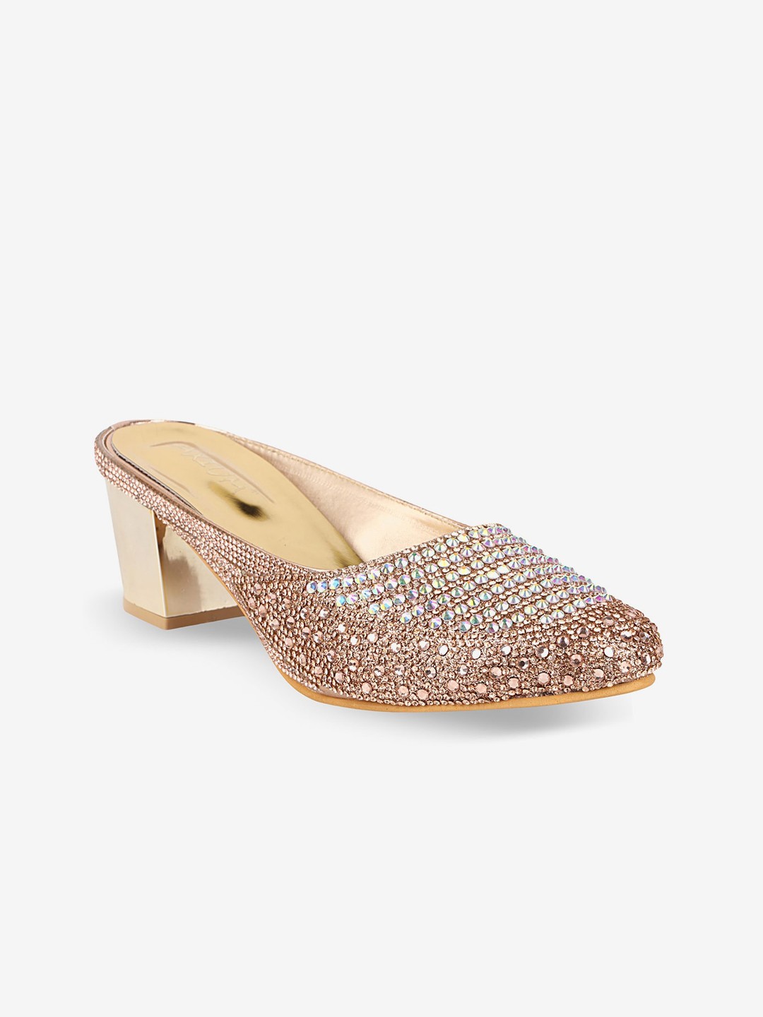 

AXIUM Pointed Toe Embellished Party Block Mules, Rose gold