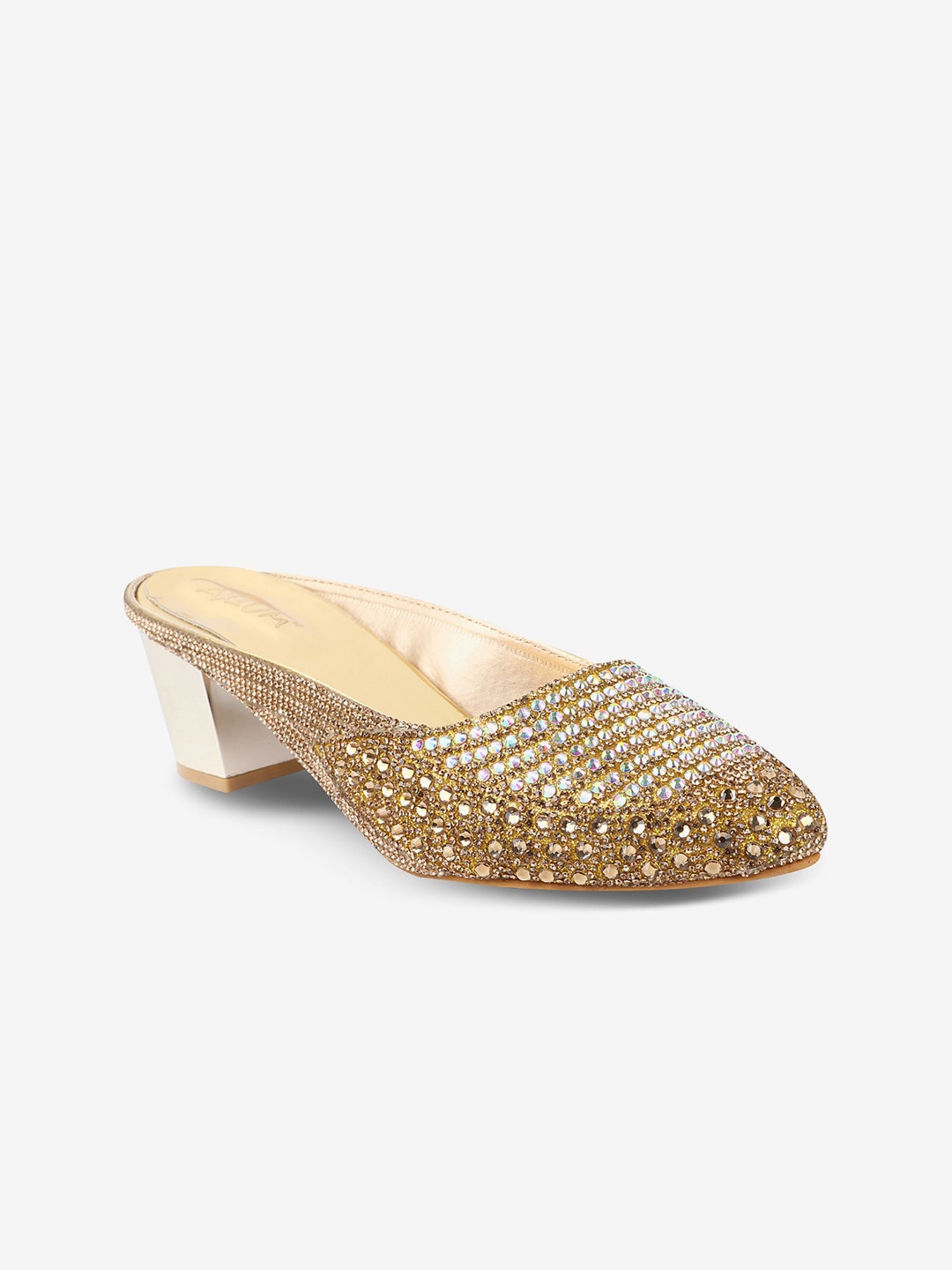 

AXIUM Embellished Pointed Toe Party Block Mules, Gold