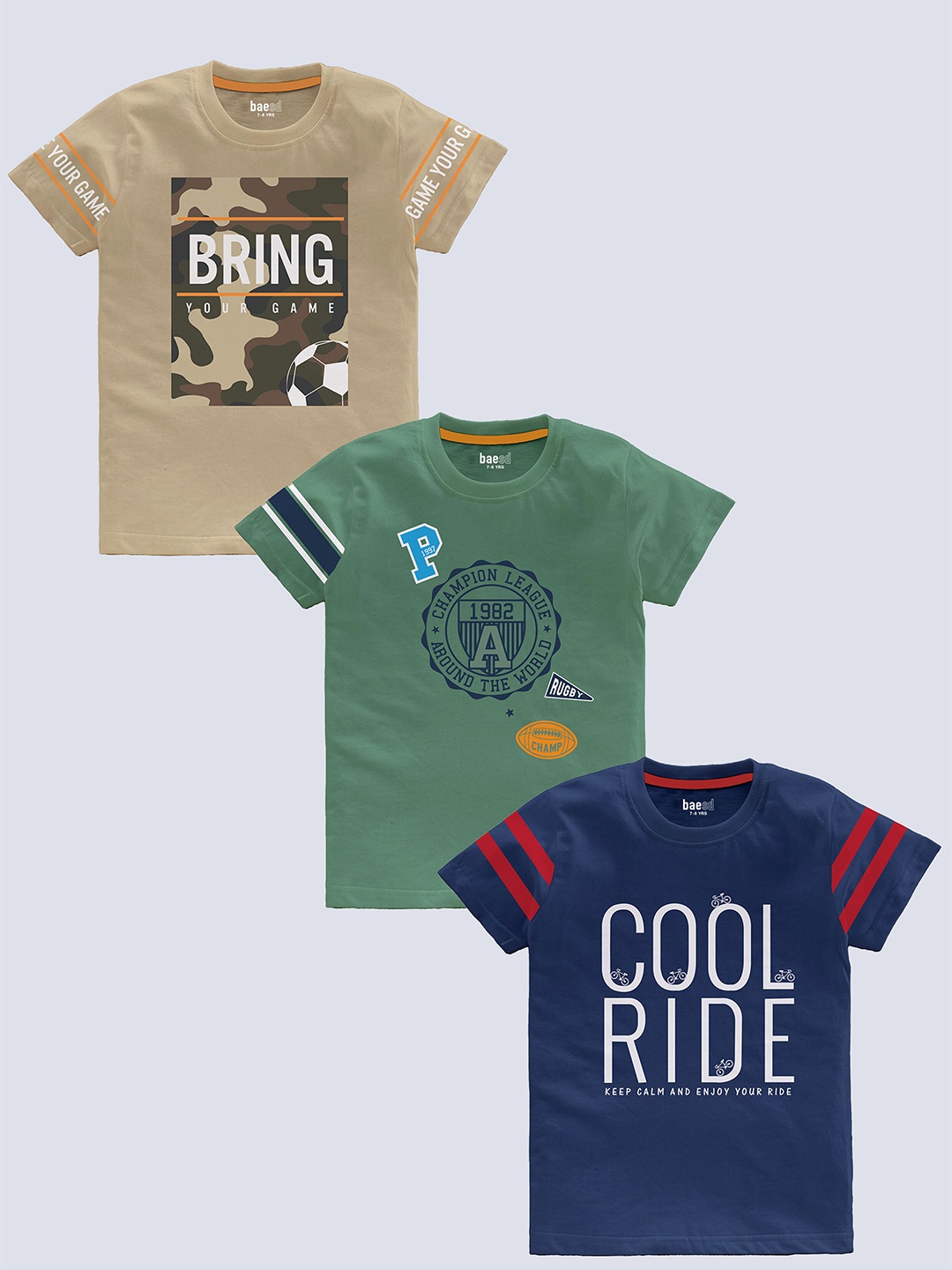

BAESD Boys Pack Of 3 Typography Printed Cotton T-shirt, Beige