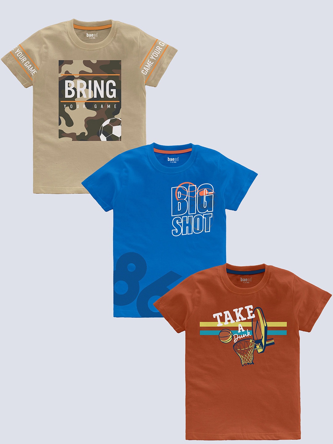 

BAESD Boys Pack Of 3 Typography Printed Pure Cotton T-shirt, Rust