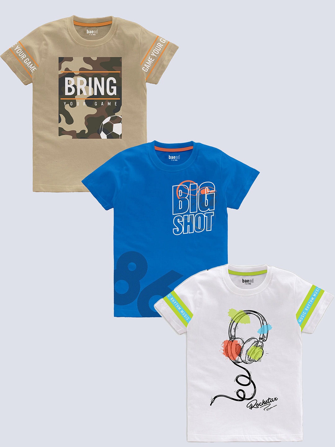 

BAESD Boys pack Of 3 Typography Printed Cotton T-shirt, Beige