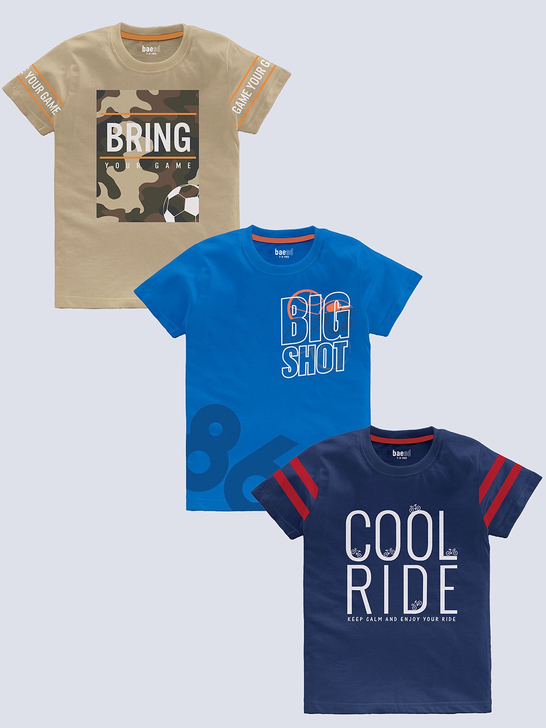 

BAESD Boys Pack Of 3 Typography Printed Pure Cotton T-shirt, Blue
