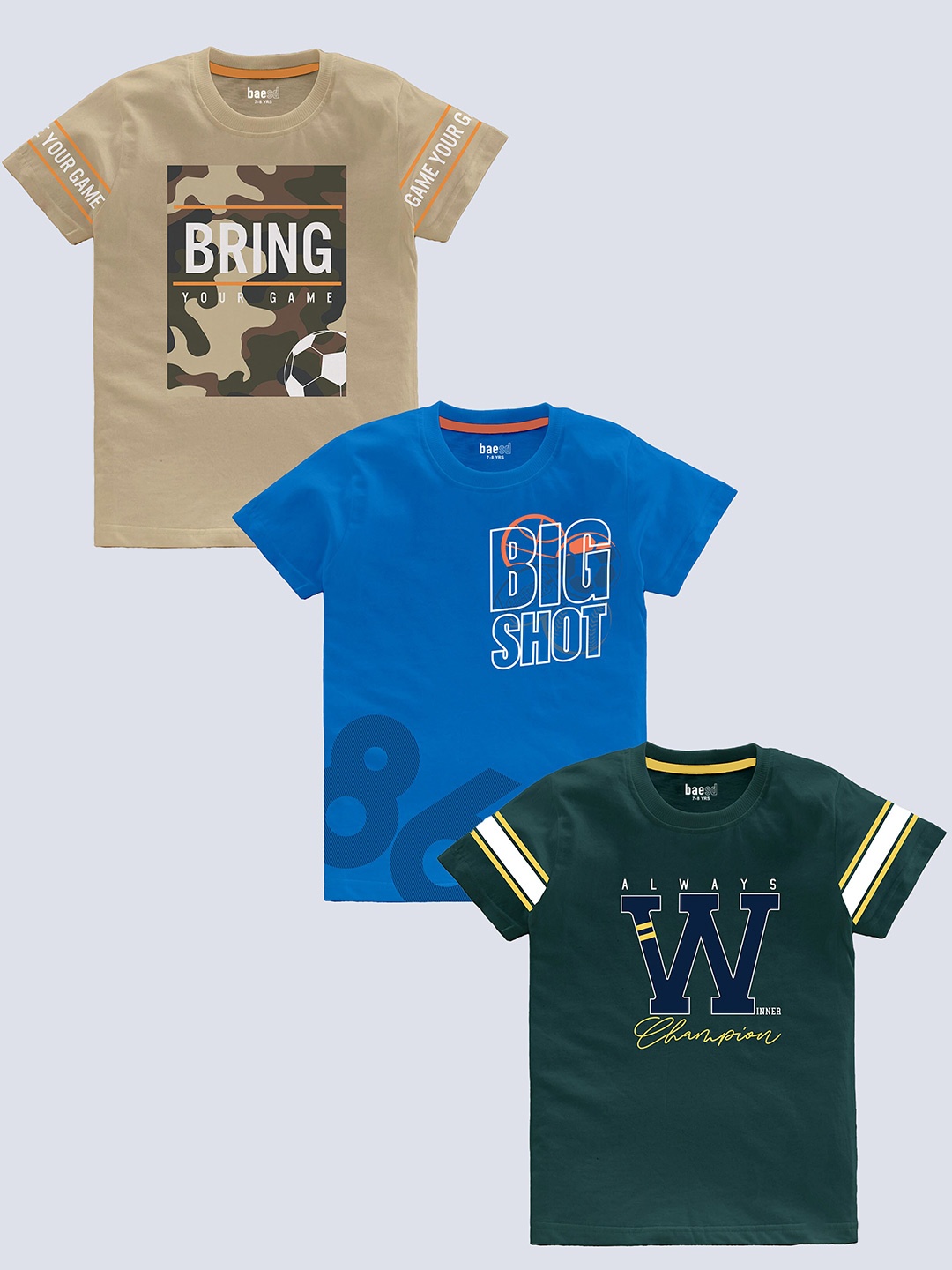BAESD Boys Pack Of 3 Typography Printed Pure Cotton T-shirt, Green