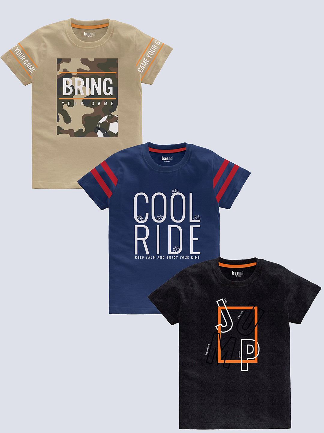 

BAESD Boys pack Of 3 Typography Printed Cotton T-shirt, Beige