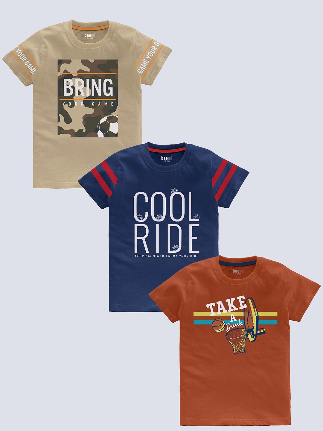 

BAESD Boys Pack Of 3 Typography Printed Cotton T-shirt, Beige