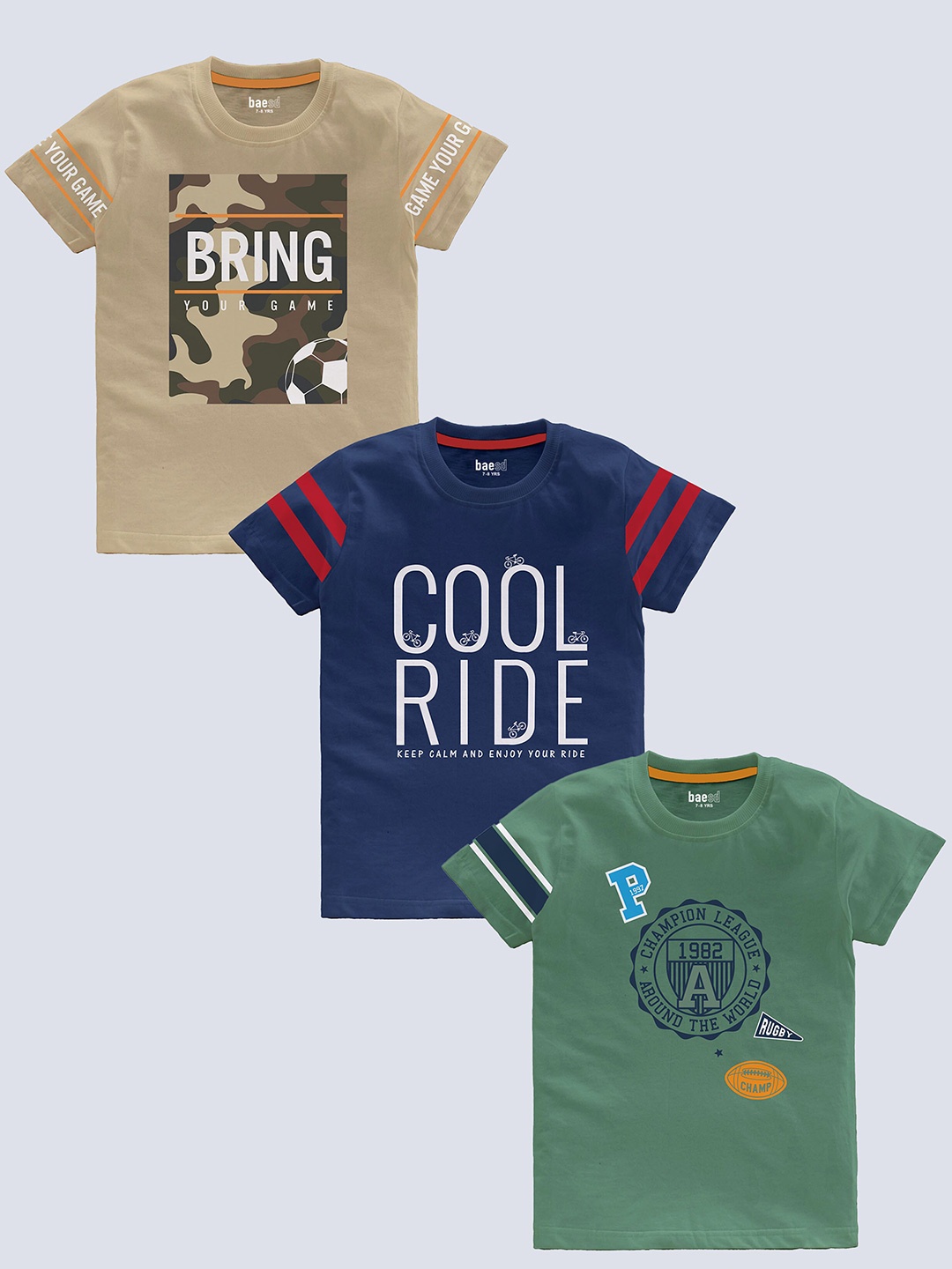 

BAESD Boys pack Of 3 Typography Printed Cotton T-shirt, Beige