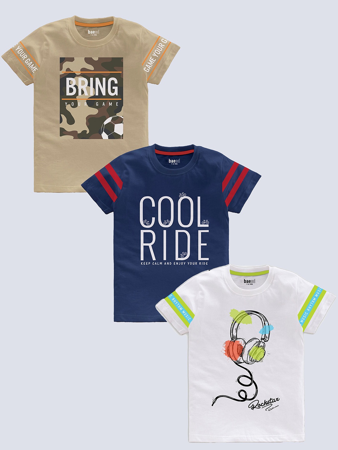

BAESD Boys Pack Of 3 Typography Printed Cotton T-shirt, Beige