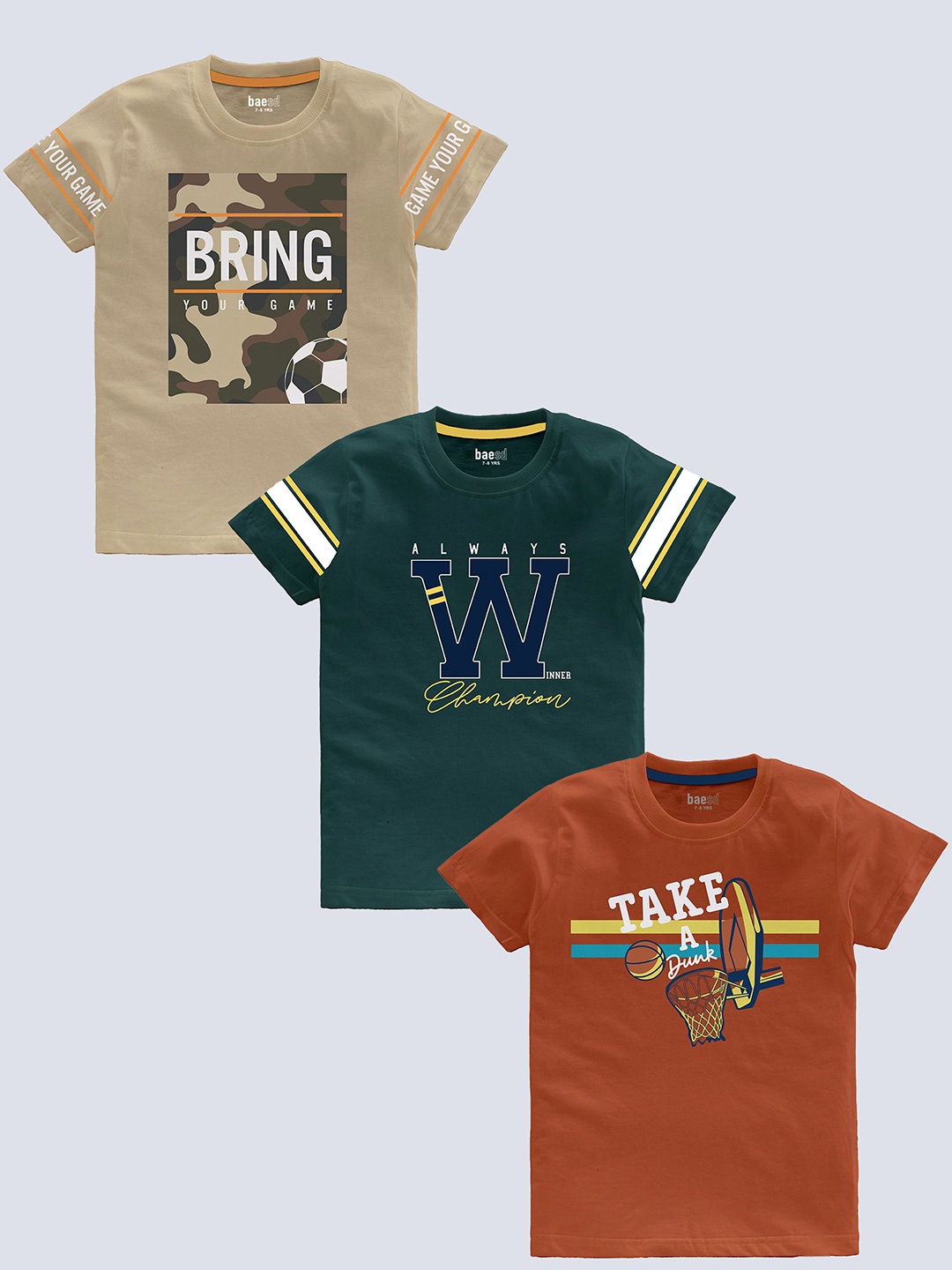 

BAESD Boys pack Of 3 Typography Printed Cotton T-shirt, Beige