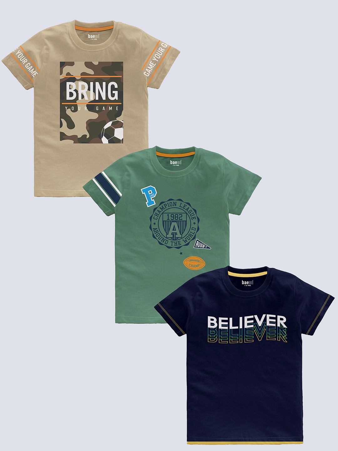 

BAESD Boys Pack of 3 Typography Printed Round Neck Short Sleeves Pure Cotton T-shirt, Khaki