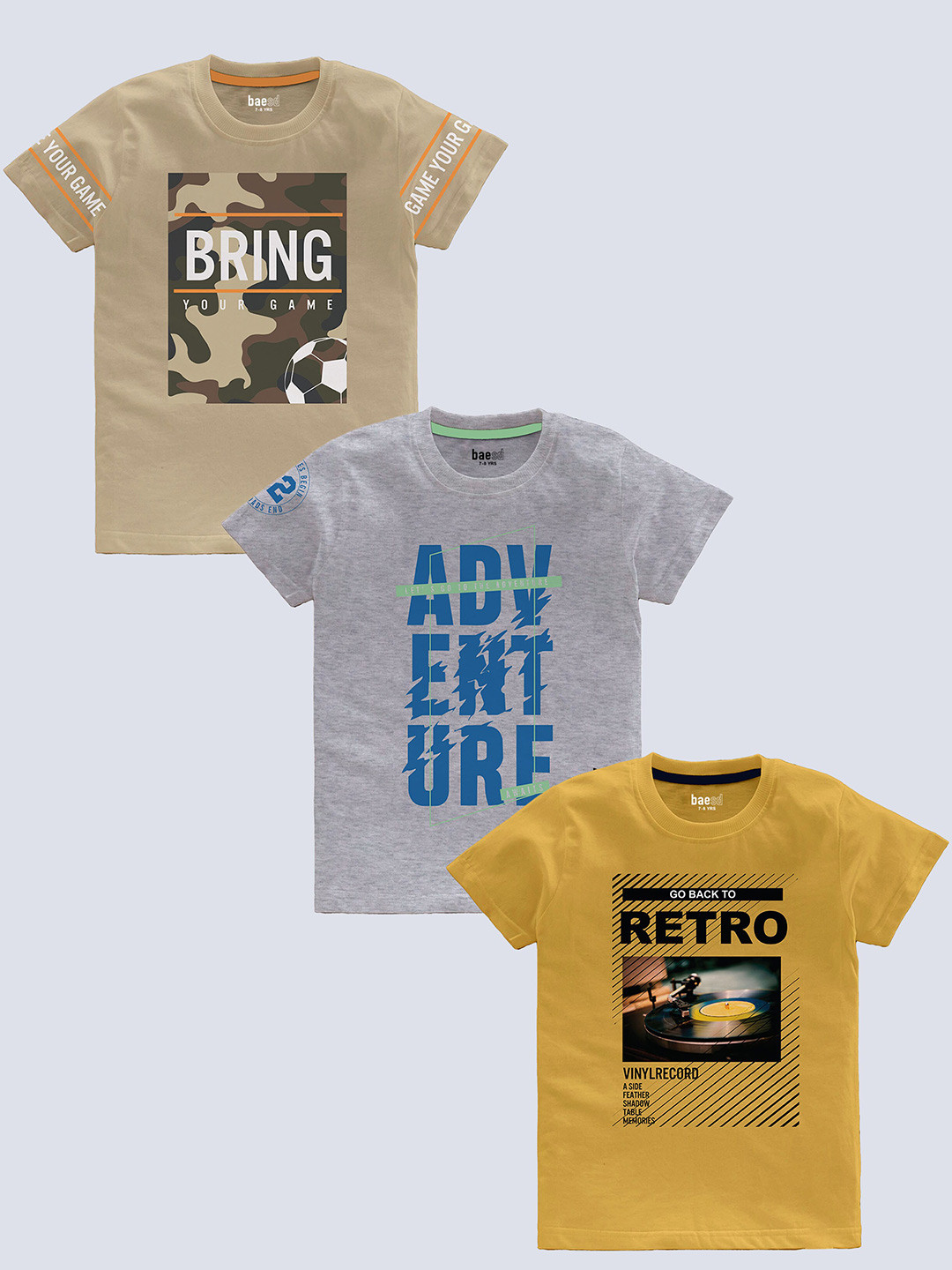 

BAESD Boys Pack Of 3 Typography Printed Pure Cotton T-shirt, Mustard
