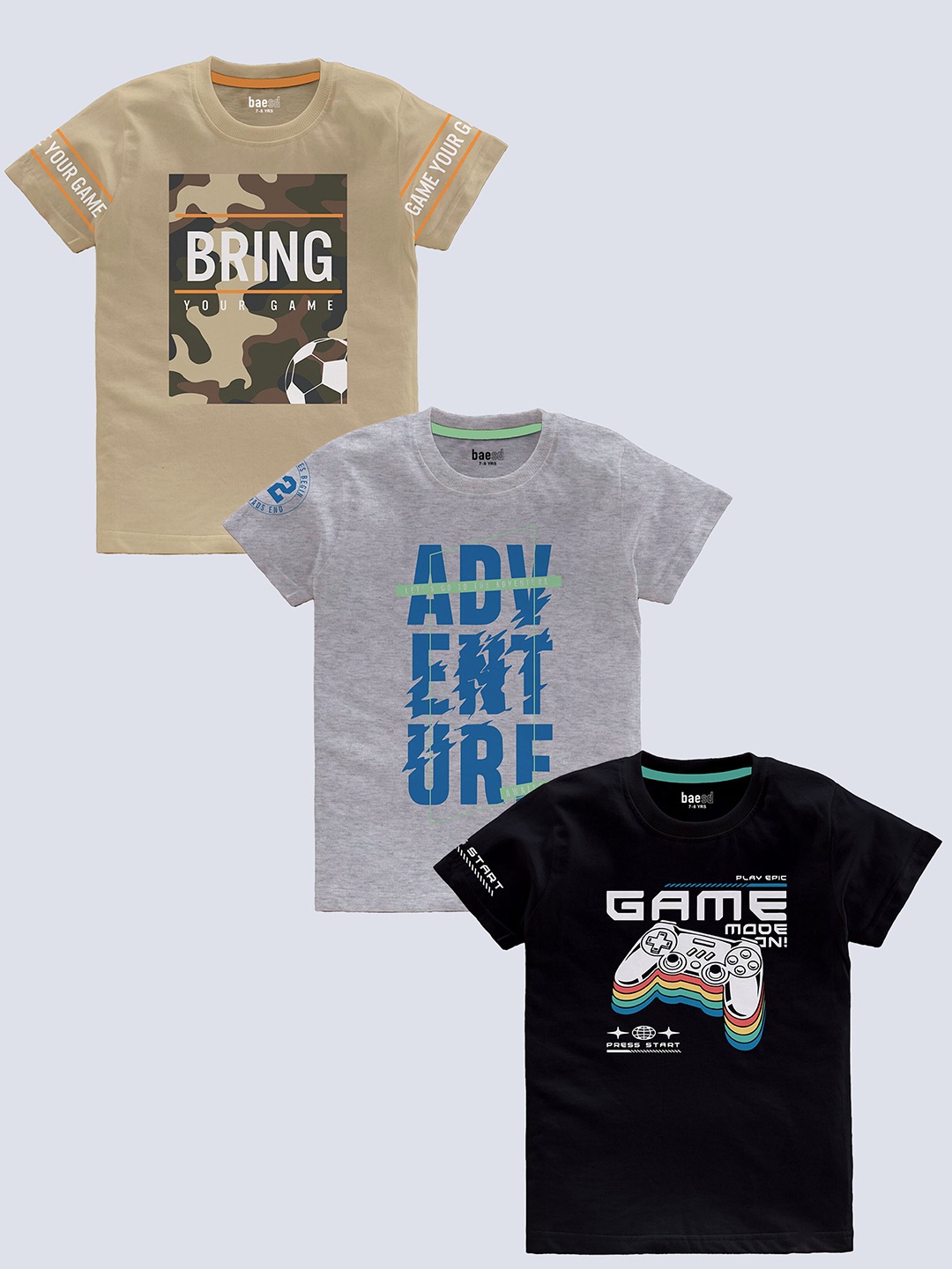 

BAESD Boys pack Of 3 Typography Printed Cotton T-shirt, Beige