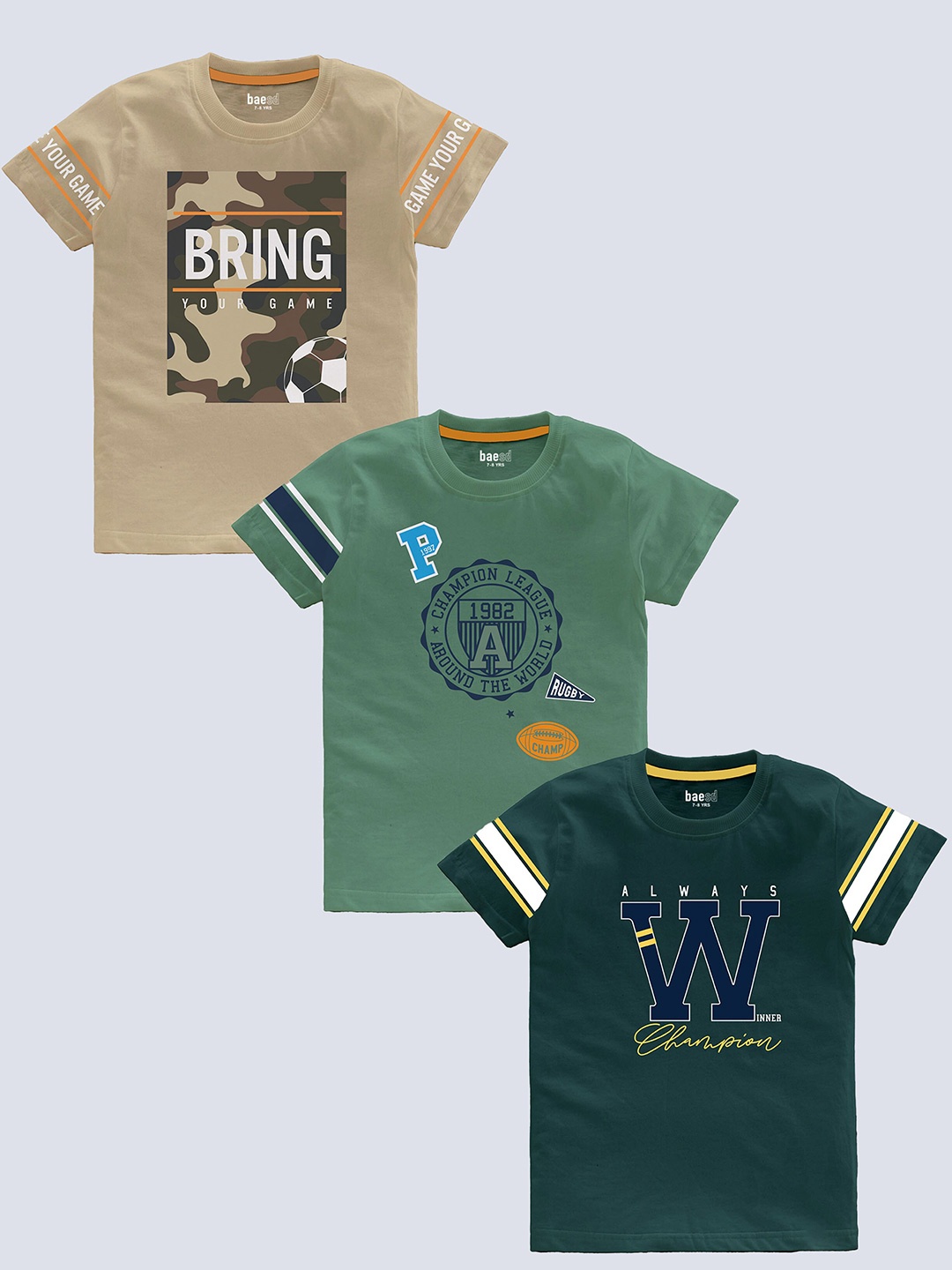 

BAESD Boys Pack Of 3 Typography Printed Pure Cotton T-shirt, Green