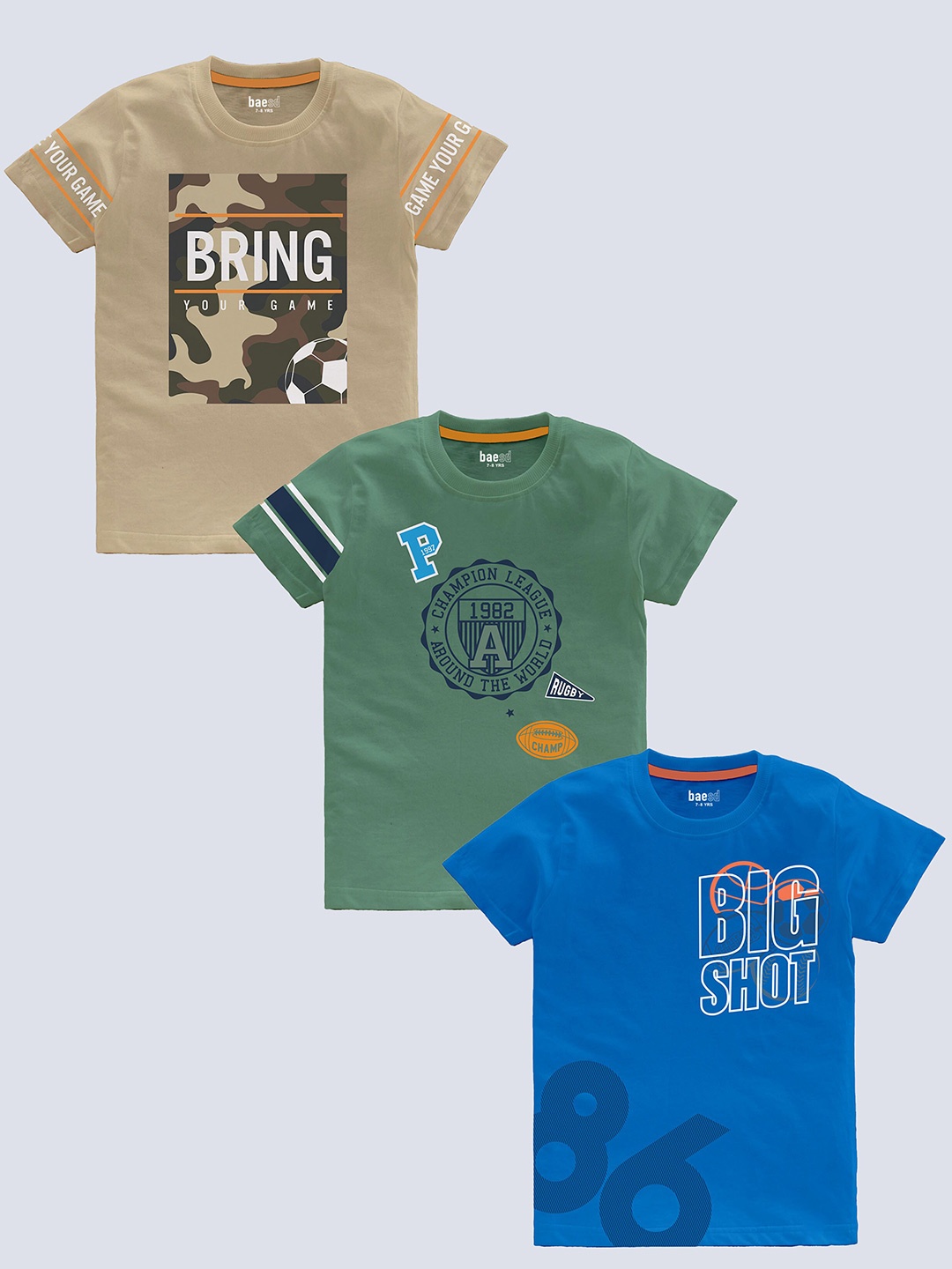 

BAESD Boys Pack Of 3 Typography Printed Pure Cotton T-shirt, Blue