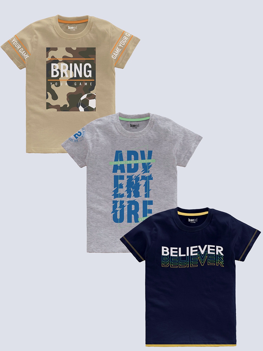 

BAESD Boys Pack of 3 Typography Printed Round Neck Short Sleeves Pure Cotton T-shirt, Khaki