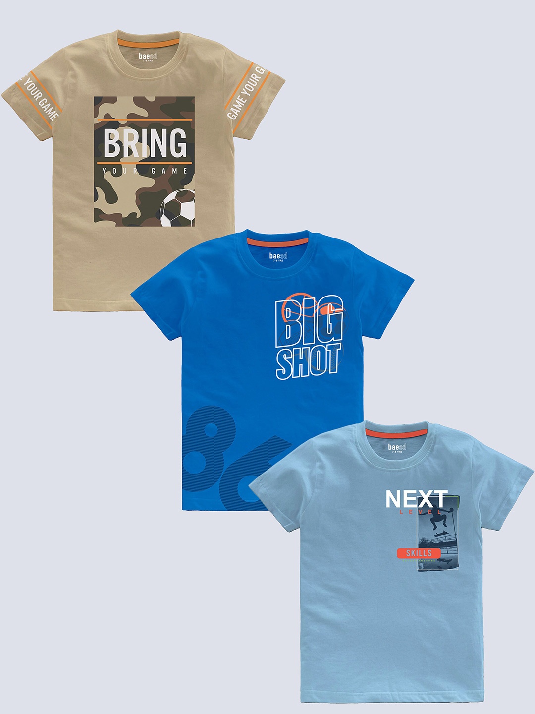 

BAESD Boys Pack Of 3 Typography Printed Pure Cotton T-shirt, Turquoise blue