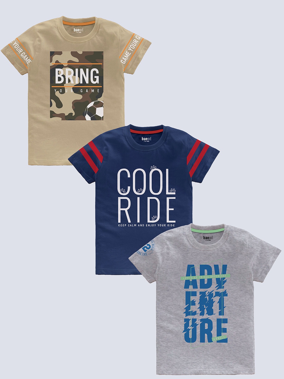 

BAESD Boys Pack Of 3 Typography Printed Pure Cotton T-shirt, Blue