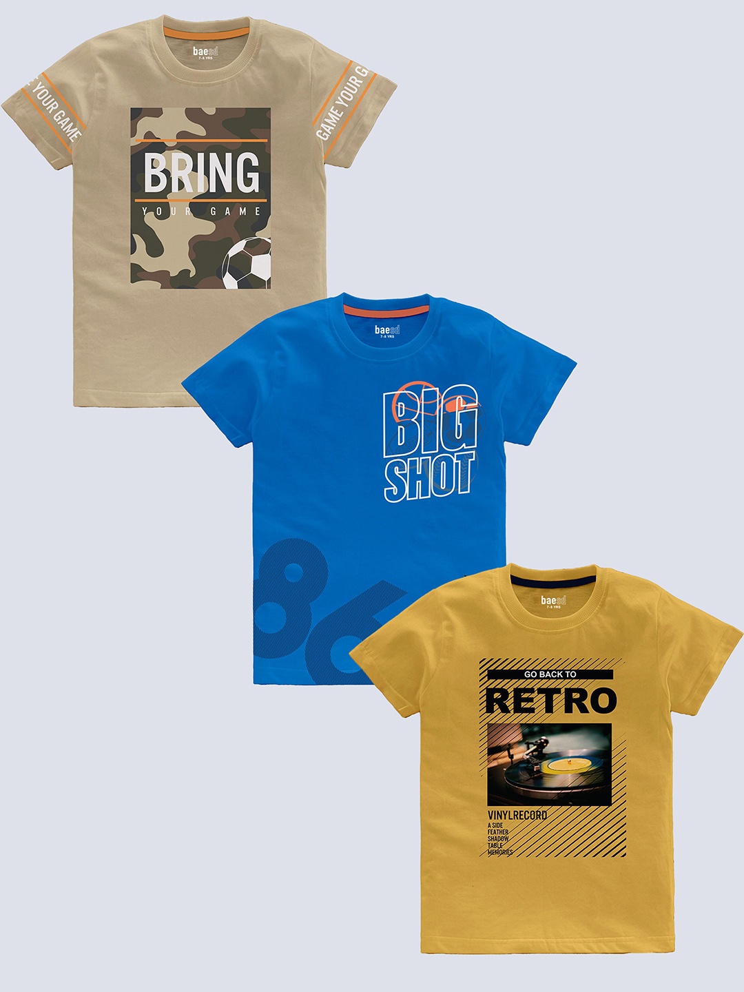 

BAESD Boys Pack Of 3 Typography Printed Cotton T-shirt, Beige