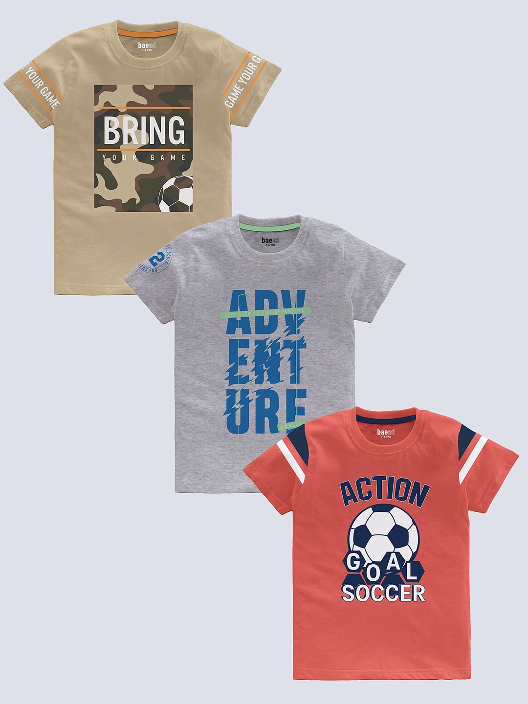 

BAESD Boys Pack Of 3 Typography Printed Pure Cotton T-shirt, Coral