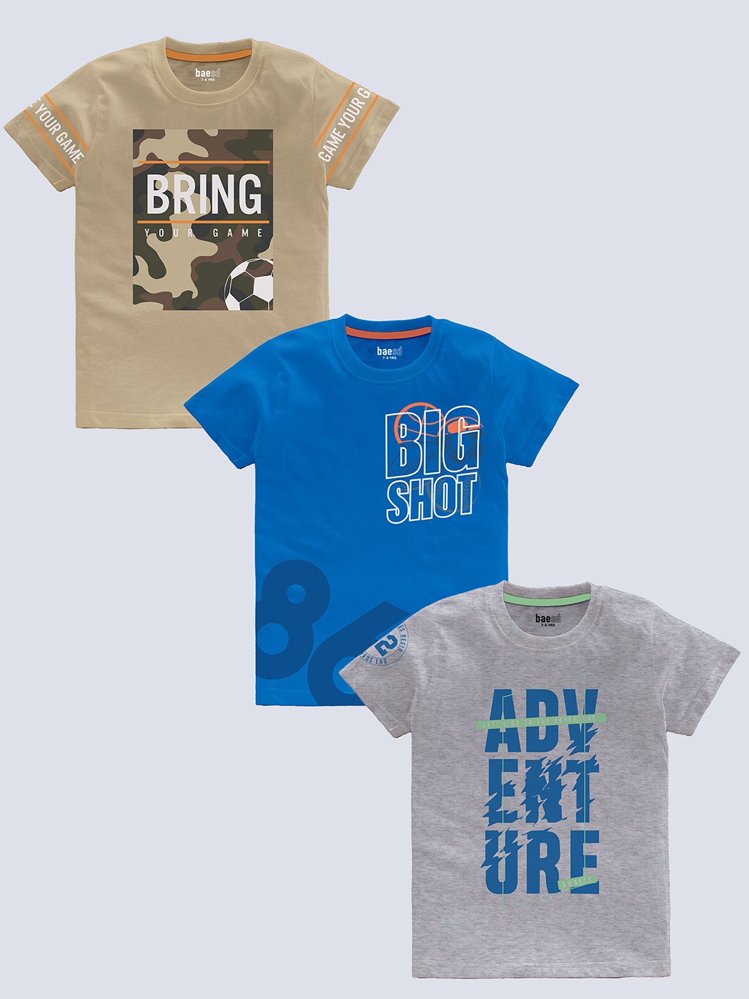 BAESD Boys Pack Of 3 Typography Printed Pure Cotton T-shirts, Beige