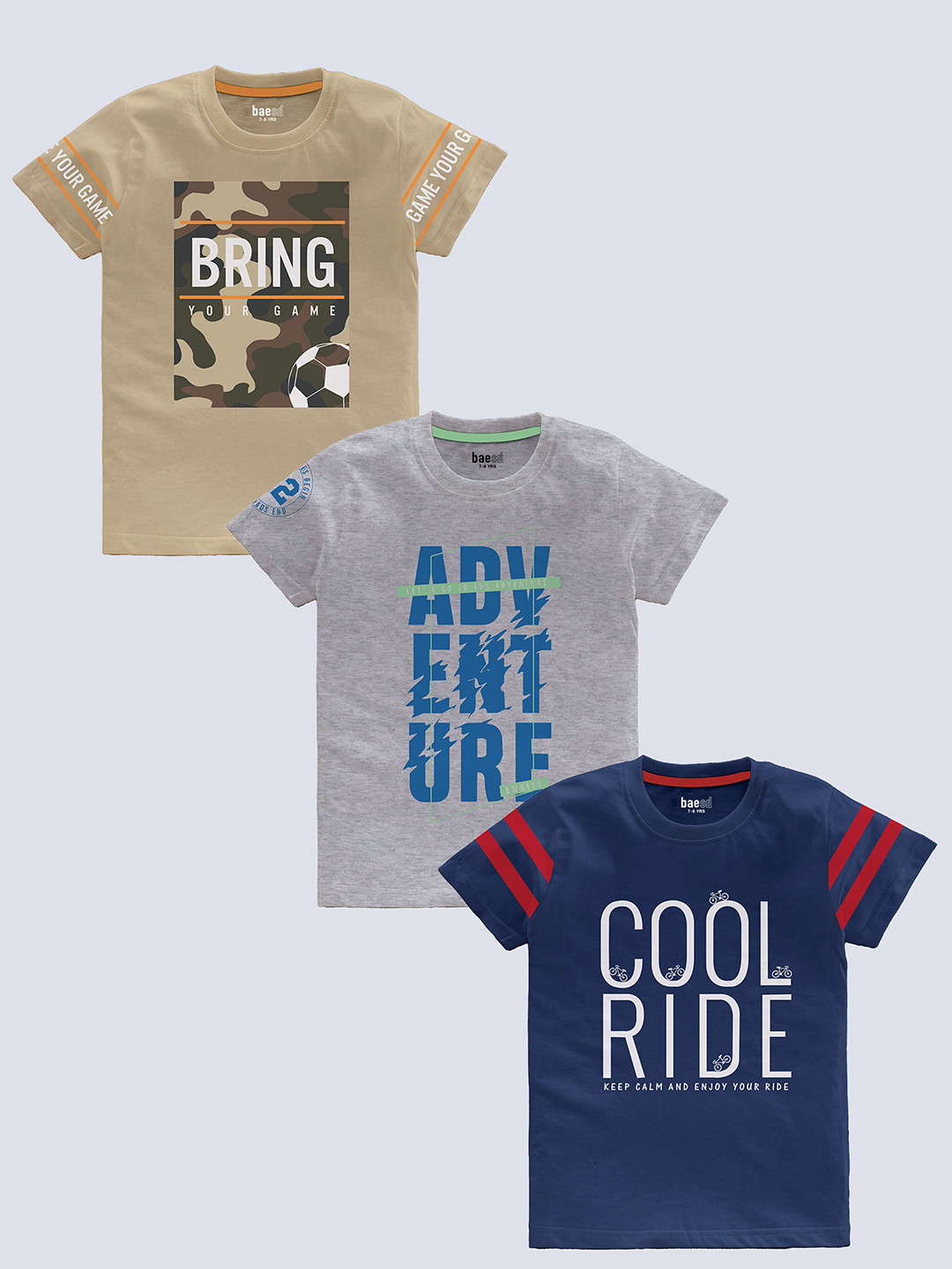 

BAESD Kids Pack Of 3 Typography Printed Cotton T-shirt, Beige