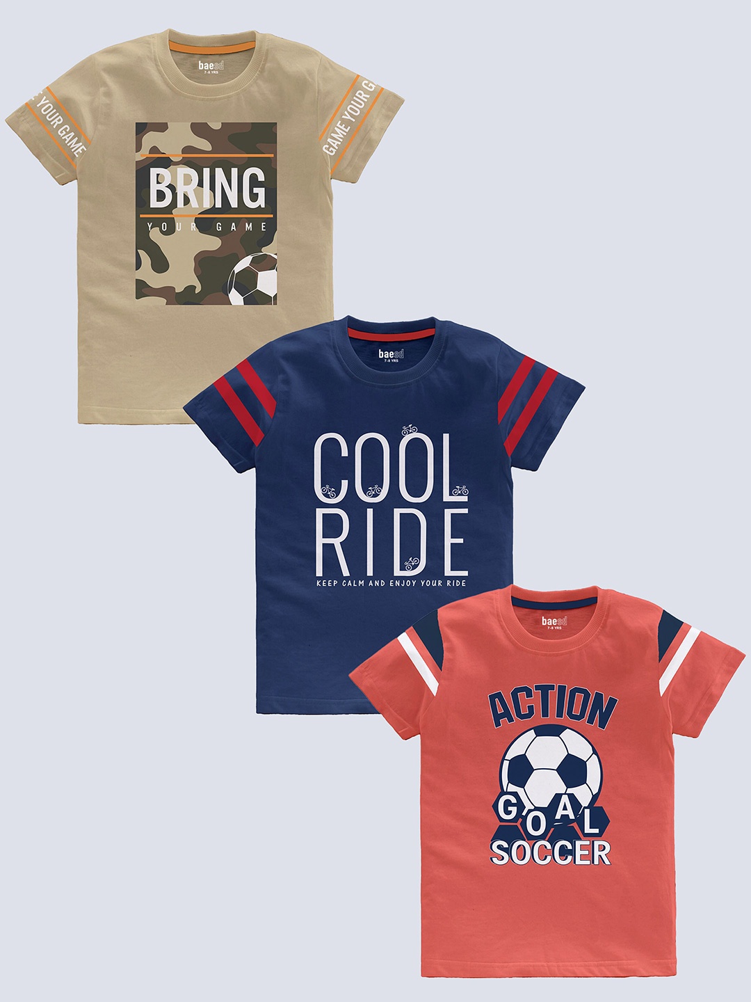 

BAESD Boys Pack Of 3 Typography Printed Pure Cotton T-shirt, Rust