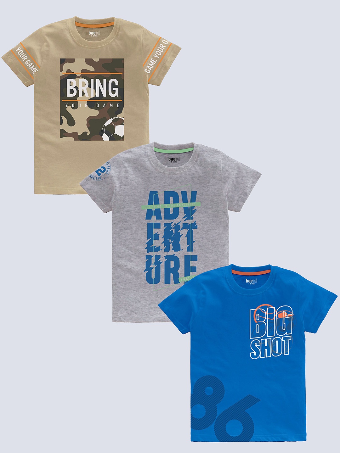 

BAESD Boys Pack Of 3 Typography Printed Pure Cotton T-shirt, Blue
