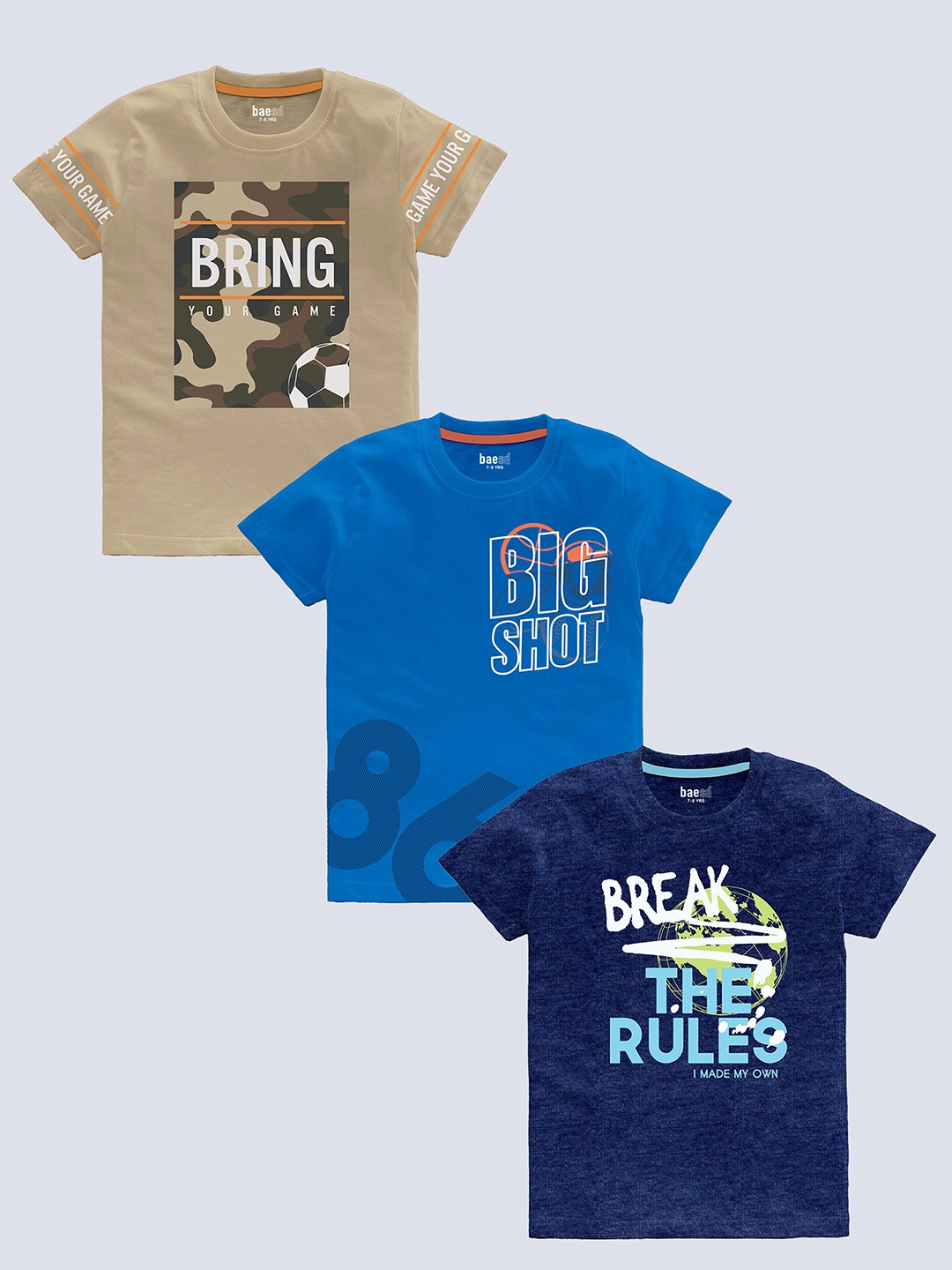 BAESD Boys Pack Of 3 Typography Printed T-shirt, Multi