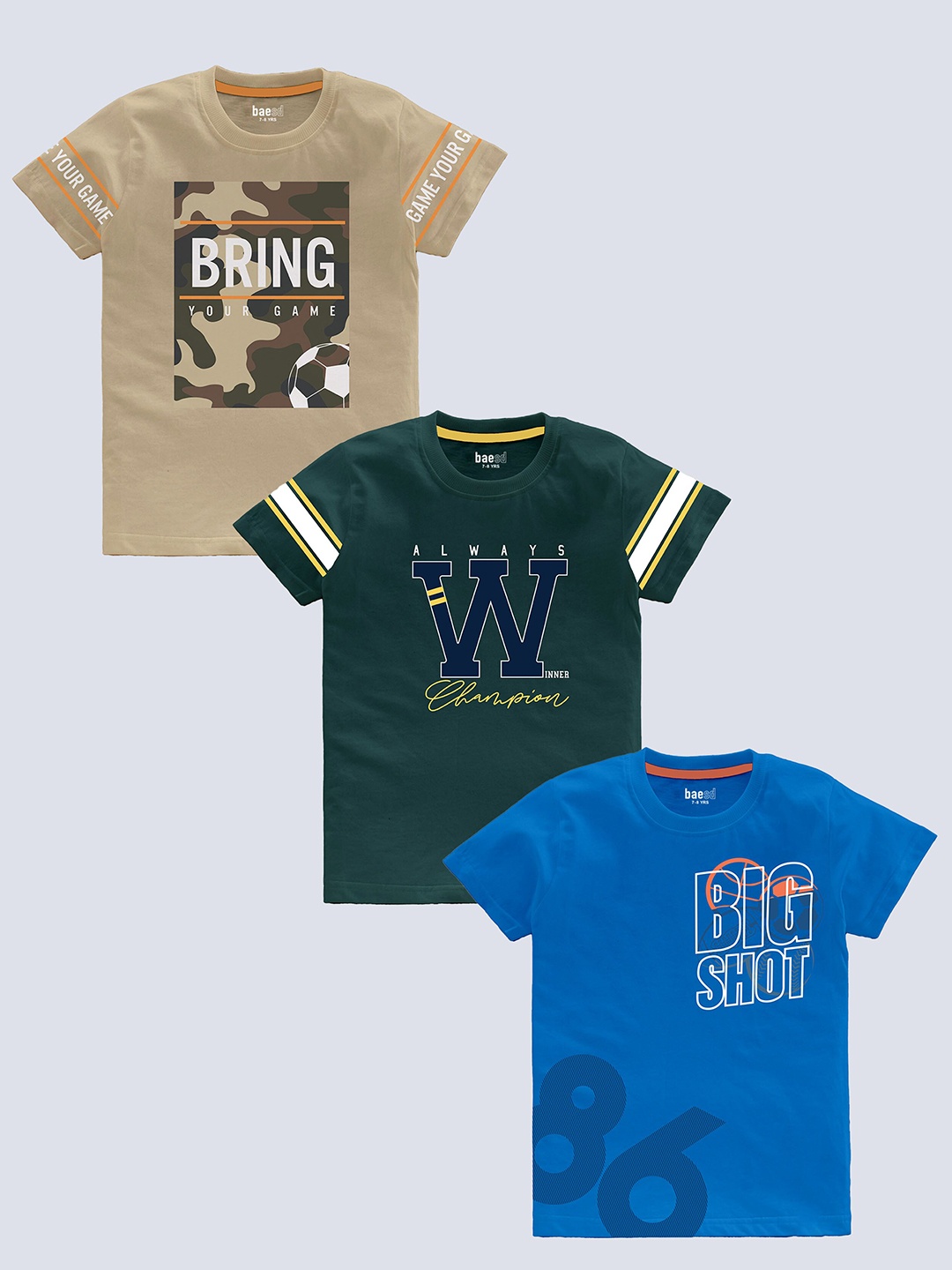 

BAESD Boys Pack Of 3 Typography Printed Round Neck Short Sleeves Pure Cotton T-shirt, Khaki